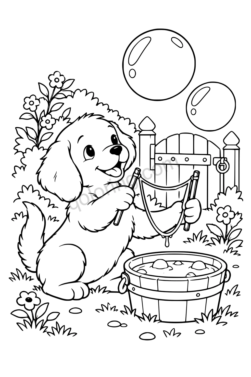 Black outline drawing of a puppy tying a broad loop of string between two short sticks beside a shallow bucket, with two large outlined bubbles floating above and a simple garden gate.
