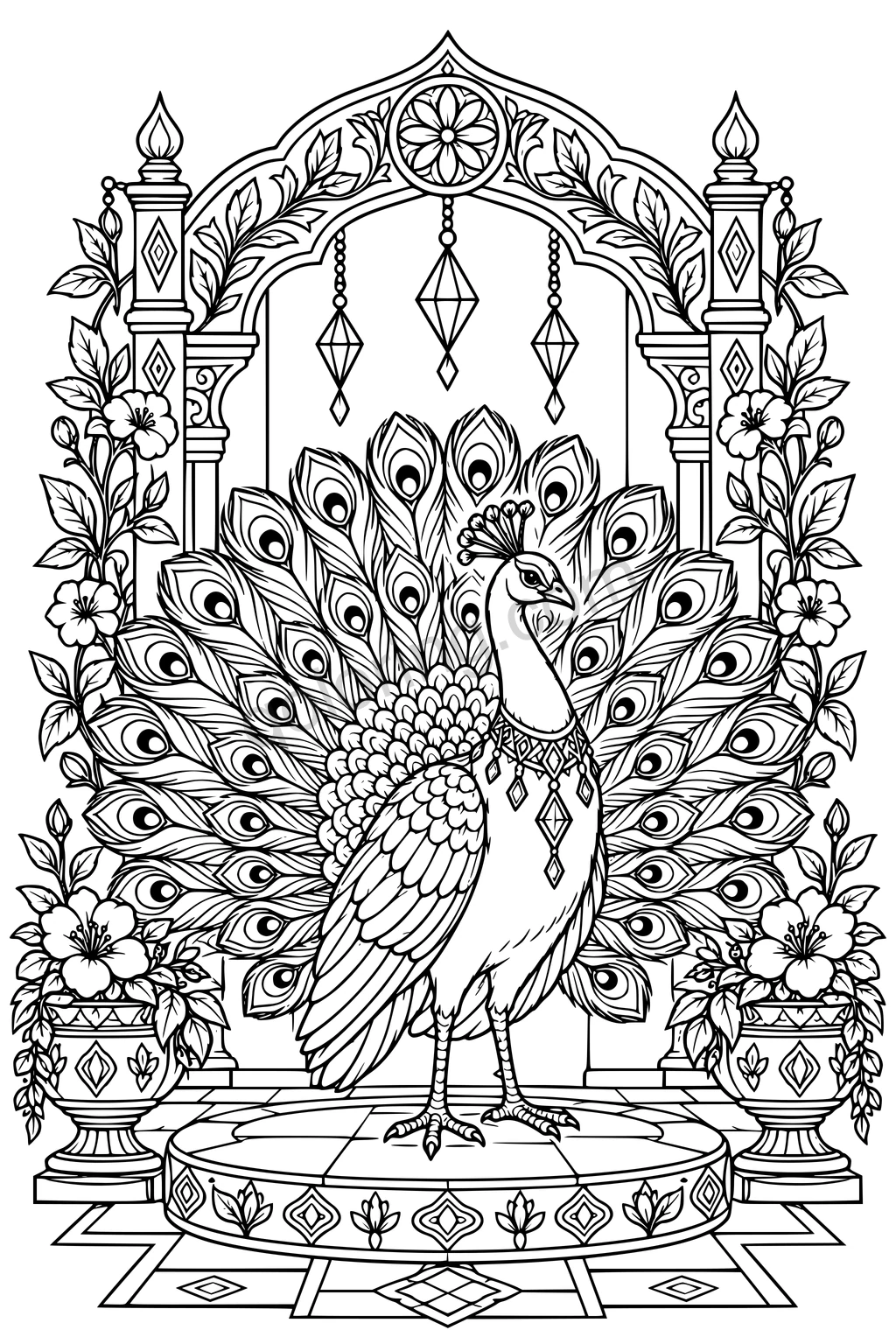 A peacock spreads a patterned feather fan beneath an ornate arch flanked by potted plants.