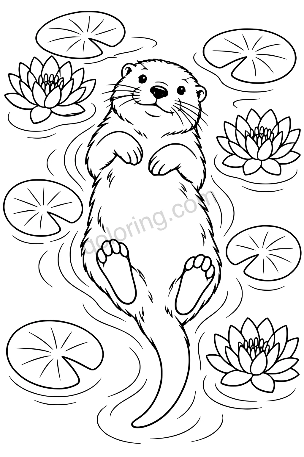 Black outline drawing of an otter floating on its back among lily pads, three water-lily flowers, and water ripples.