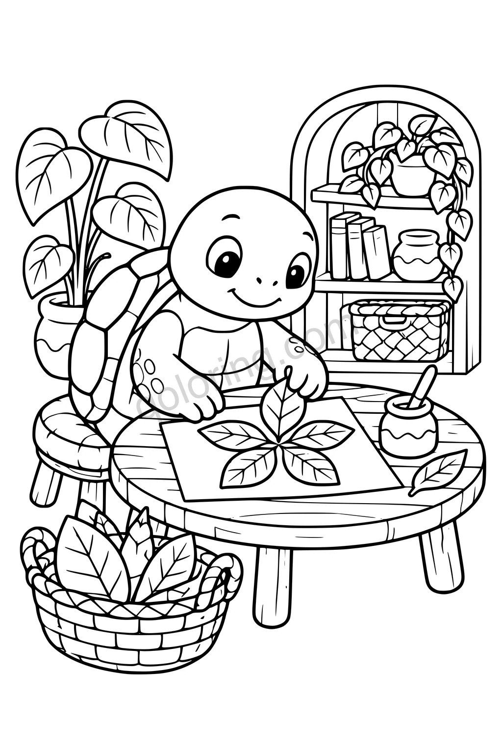 Black outline drawing of a tortoise seated at a low table arranging five large leaves into a simple flower-shaped collage on a sheet of paper, with a glue pot and broad leaf basket.