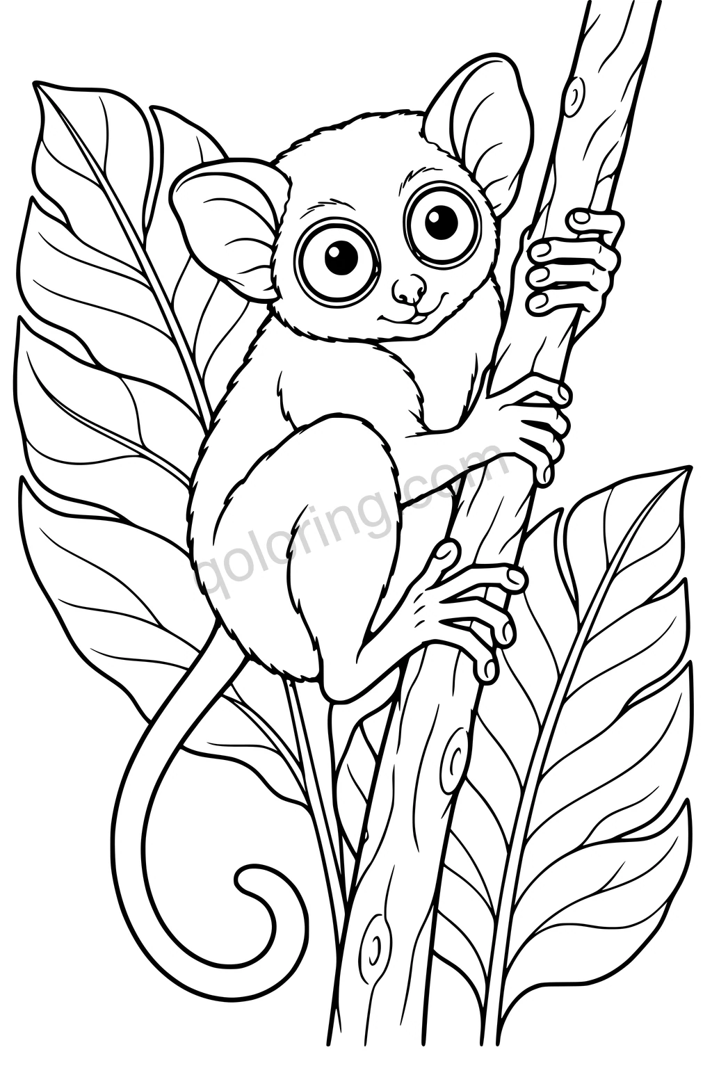 Black outline drawing of a tarsier between broad leaves.