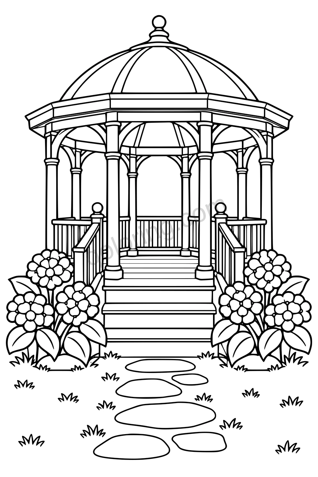 Black outline drawing of a domed gazebo with columns, steps, stepping stones, and large flowers.