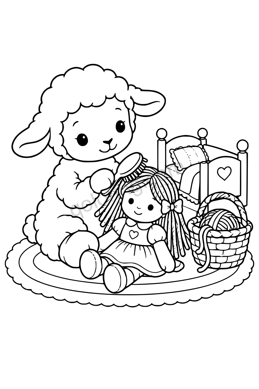 Black outline drawing of a lamb sitting on an oval rug brushing the yarn hair of a simple cloth doll, with a small doll bed and a rounded basket nearby.