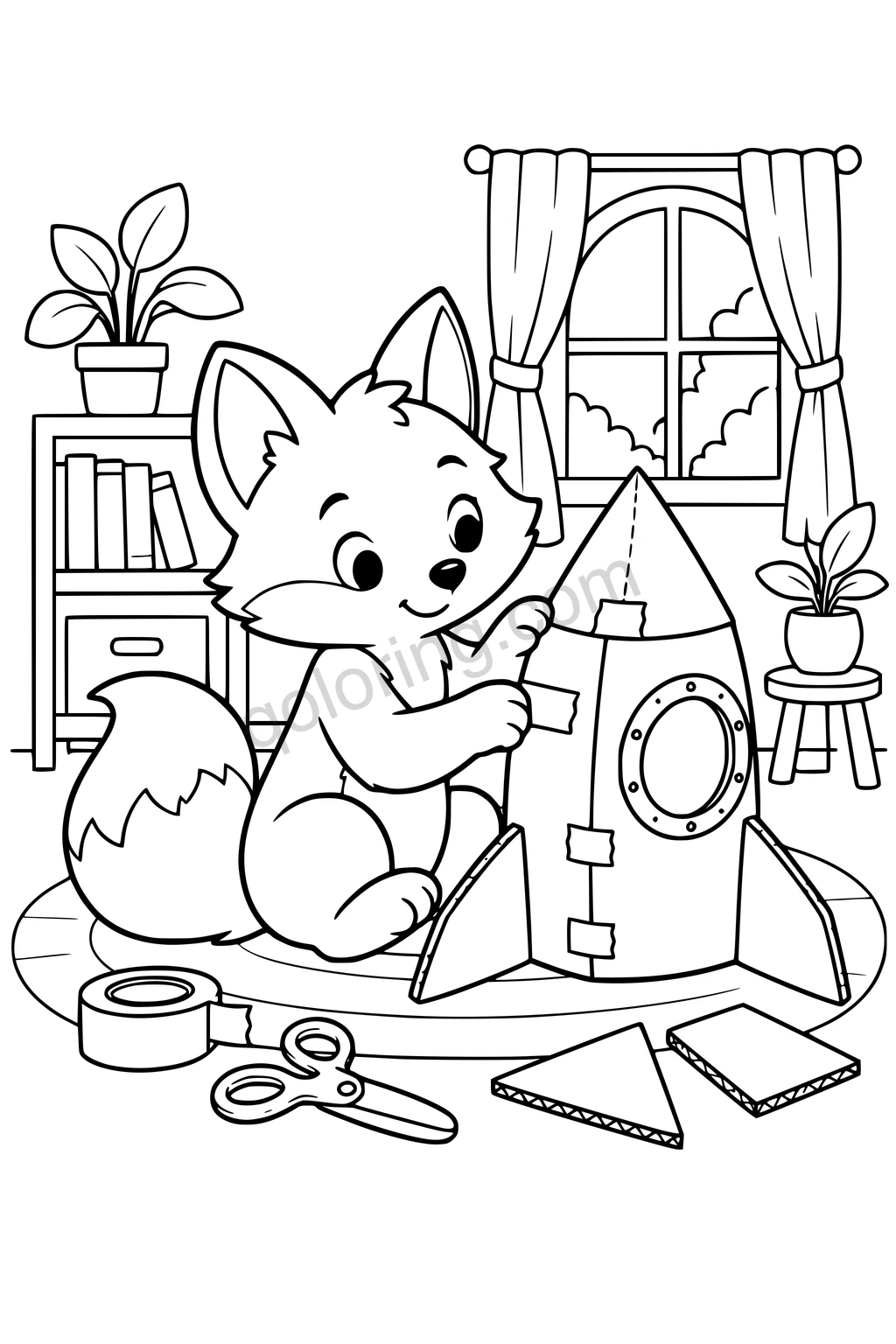 Black outline drawing of a fox seated on the floor assembling a large simple cardboard toy rocket with broad fins and a round window, with tape, blunt scissors and two spare cardboard pieces.