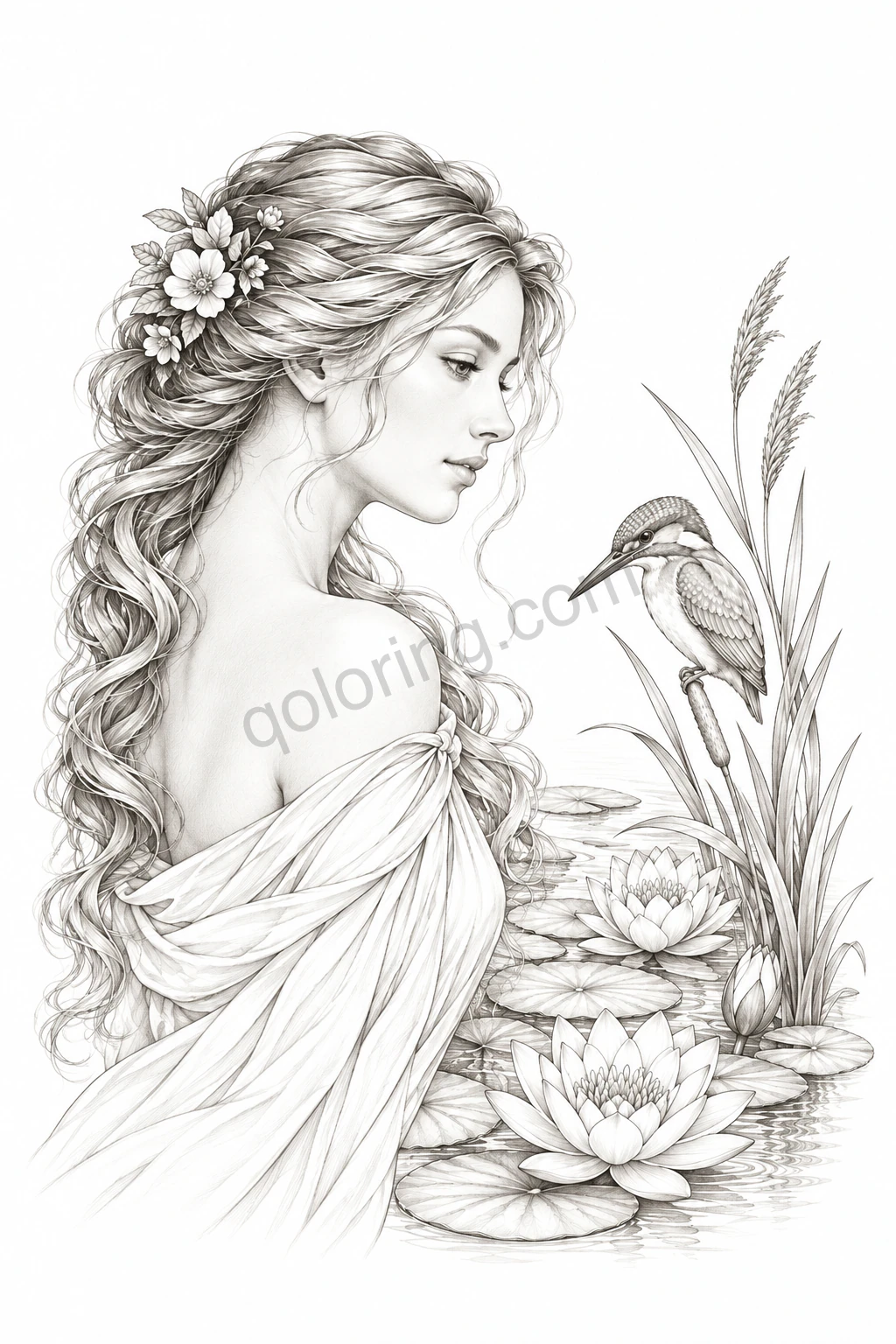A woman in profile with flowing hair sits beside water lilies, reeds and a perched kingfisher.
