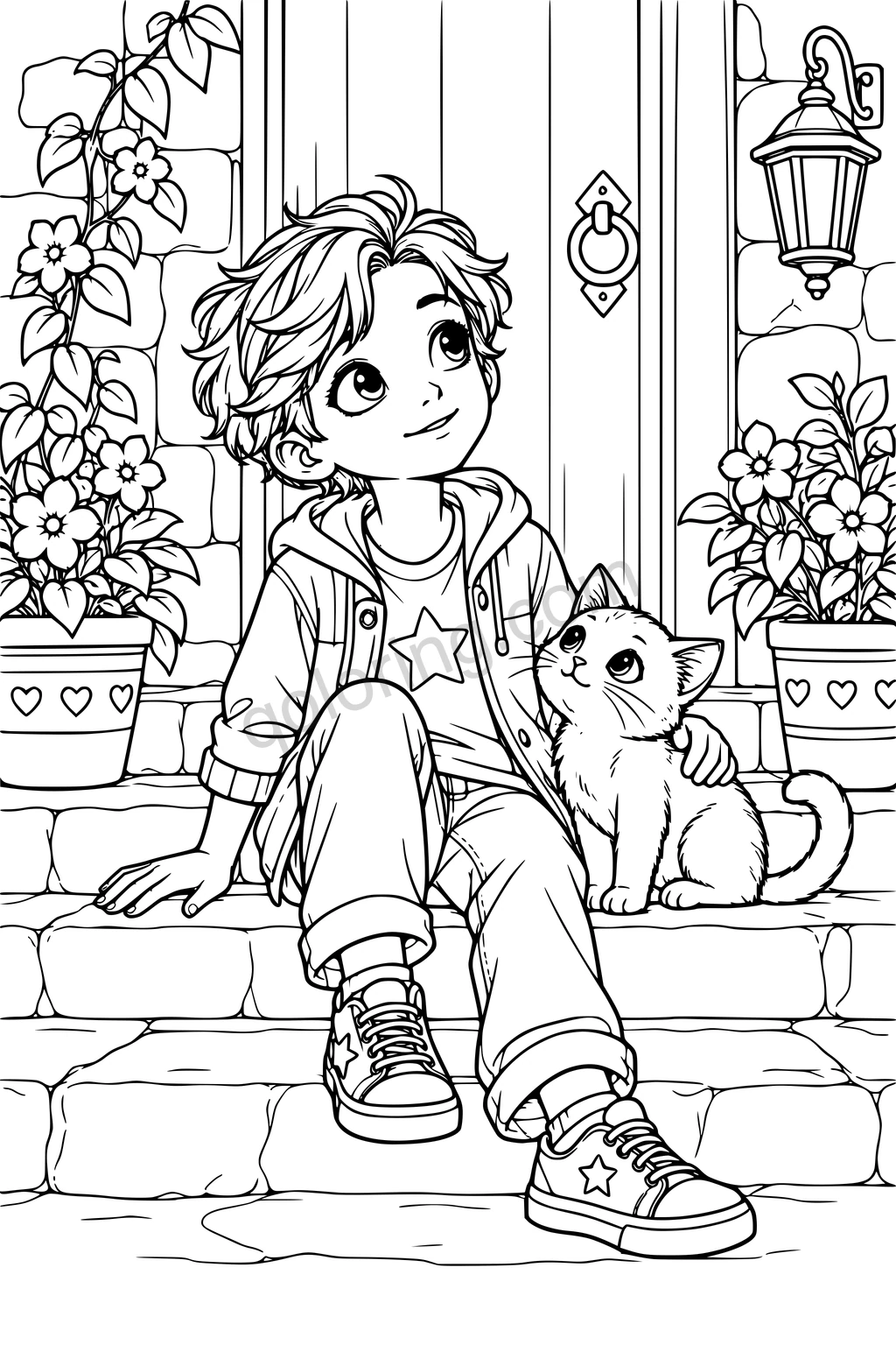 A seated boy pets a kitten on a stone doorstep between flower pots, with a lantern beside the door.
