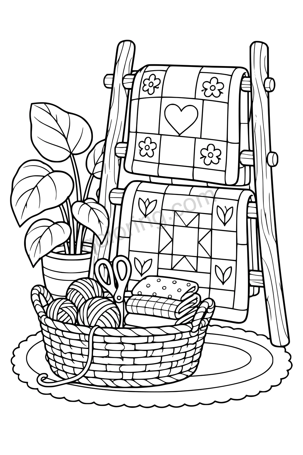 Black outline drawing of a rounded wooden ladder displaying two broad simple quilts beside a large sewing basket with yarn, blunt scissors and folded cloth, with a single wide-leaf plant.