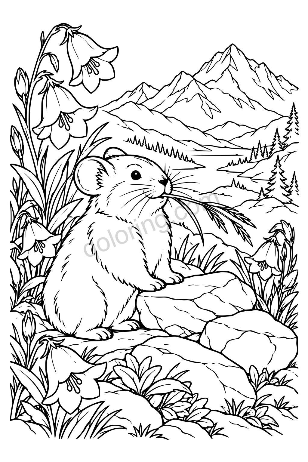 Black outline drawing of a pika at an alpine cairn.