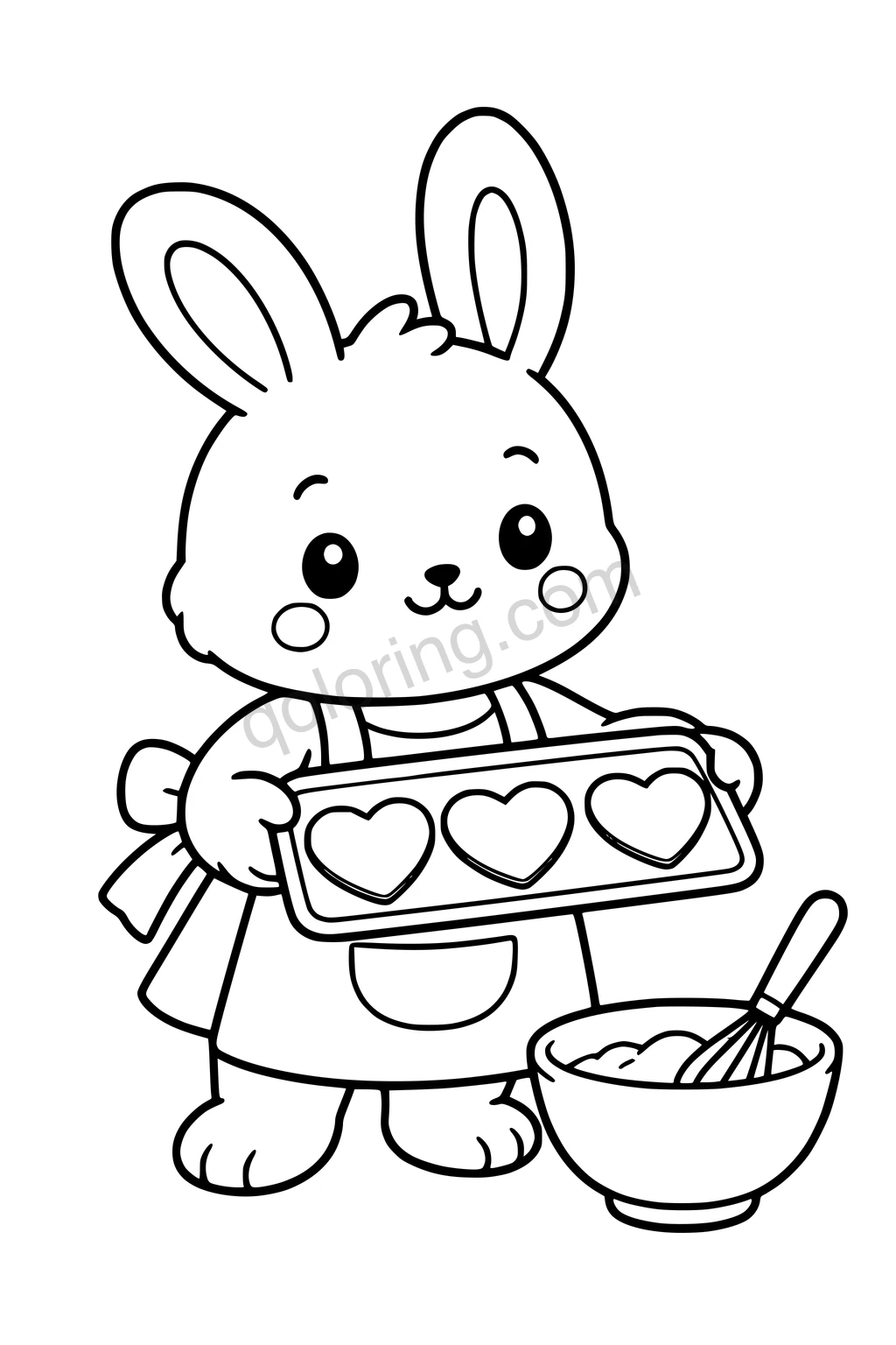 Black outline coloring page: Bunny Baking Heart Cookies.