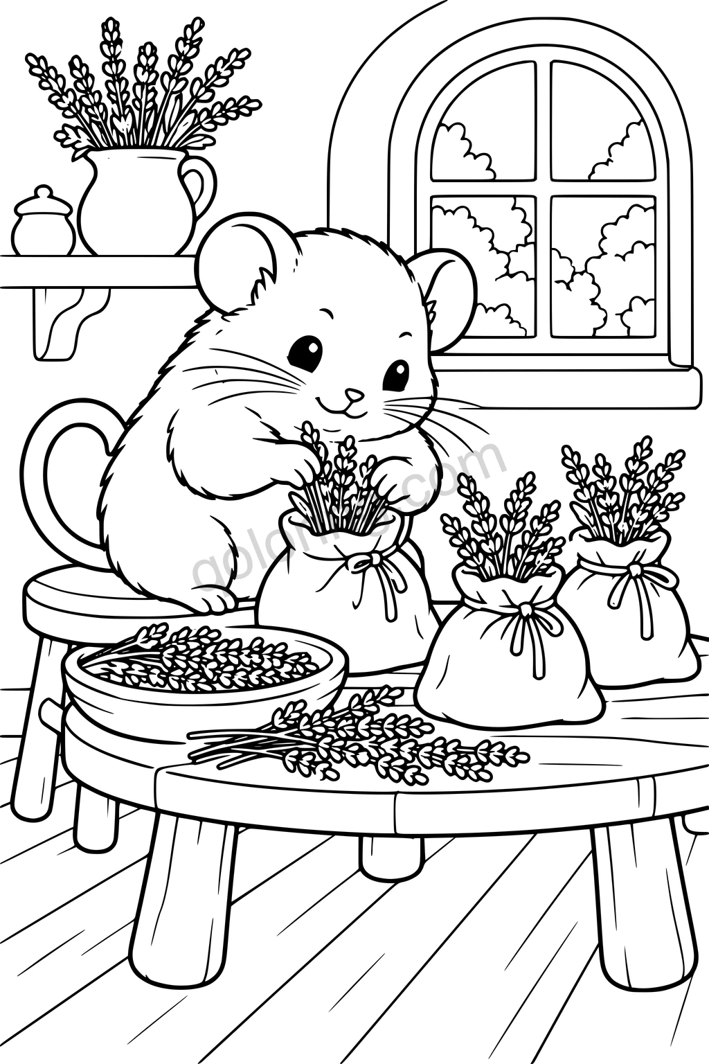 Black outline drawing of a round dormouse seated at a low table filling three broad cloth sachets with large lavender sprigs, with a shallow herb bowl and a simple round stool.
