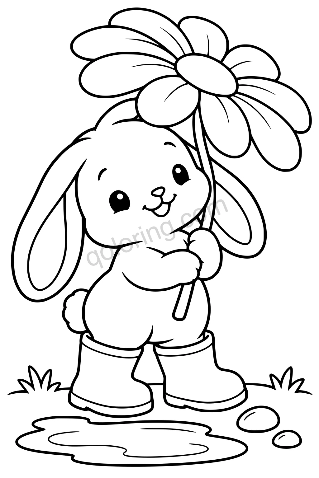 Black outline coloring page: Bunny with a Daisy Parasol.