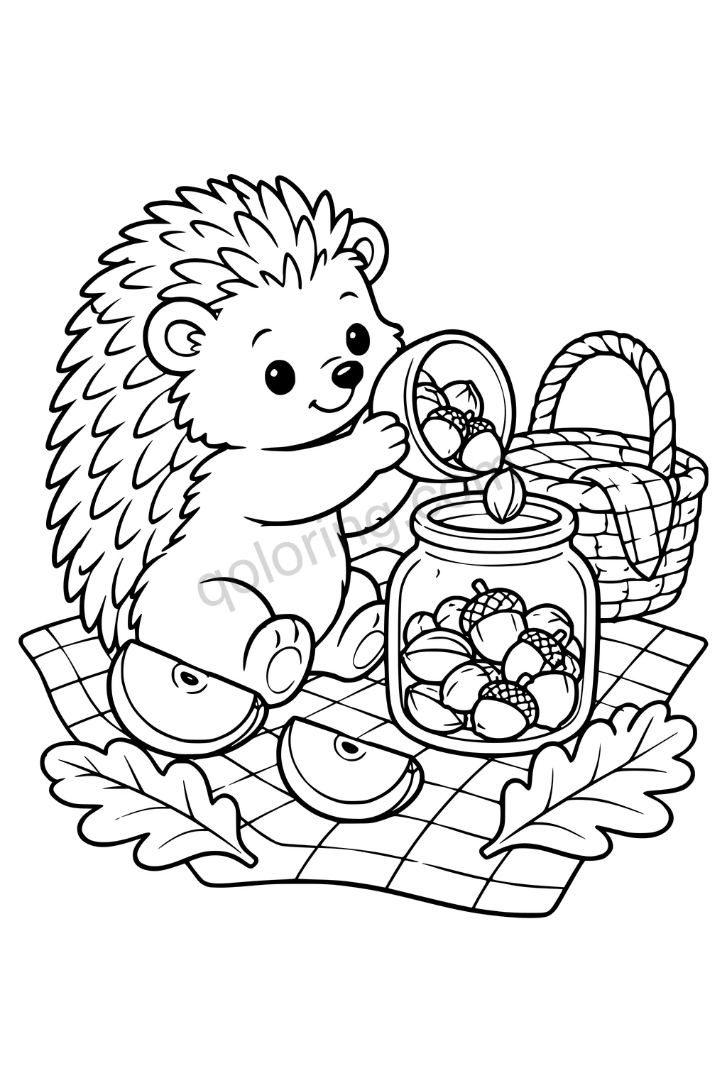 Black outline drawing of a hedgehog seated on a picnic mat gently tipping a small bowl of nuts into a large picnic jar, with apple wedges, a handled basket and two large leaves.