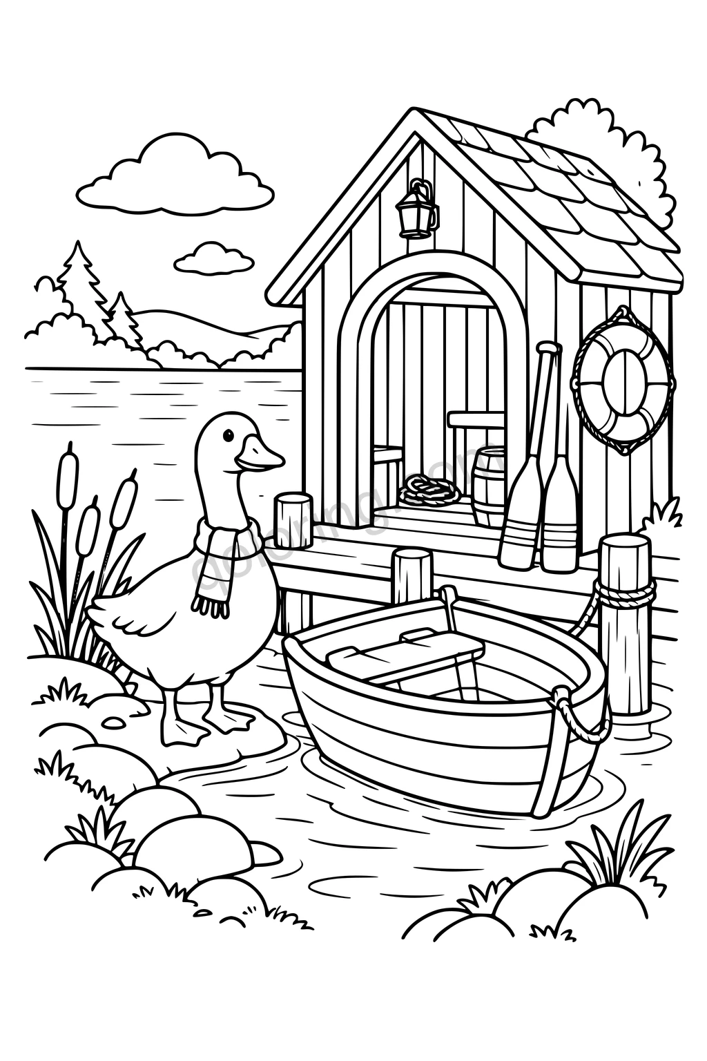 Goose beside a rowboat and boathouse with oars, a life ring, reeds, and a lantern.