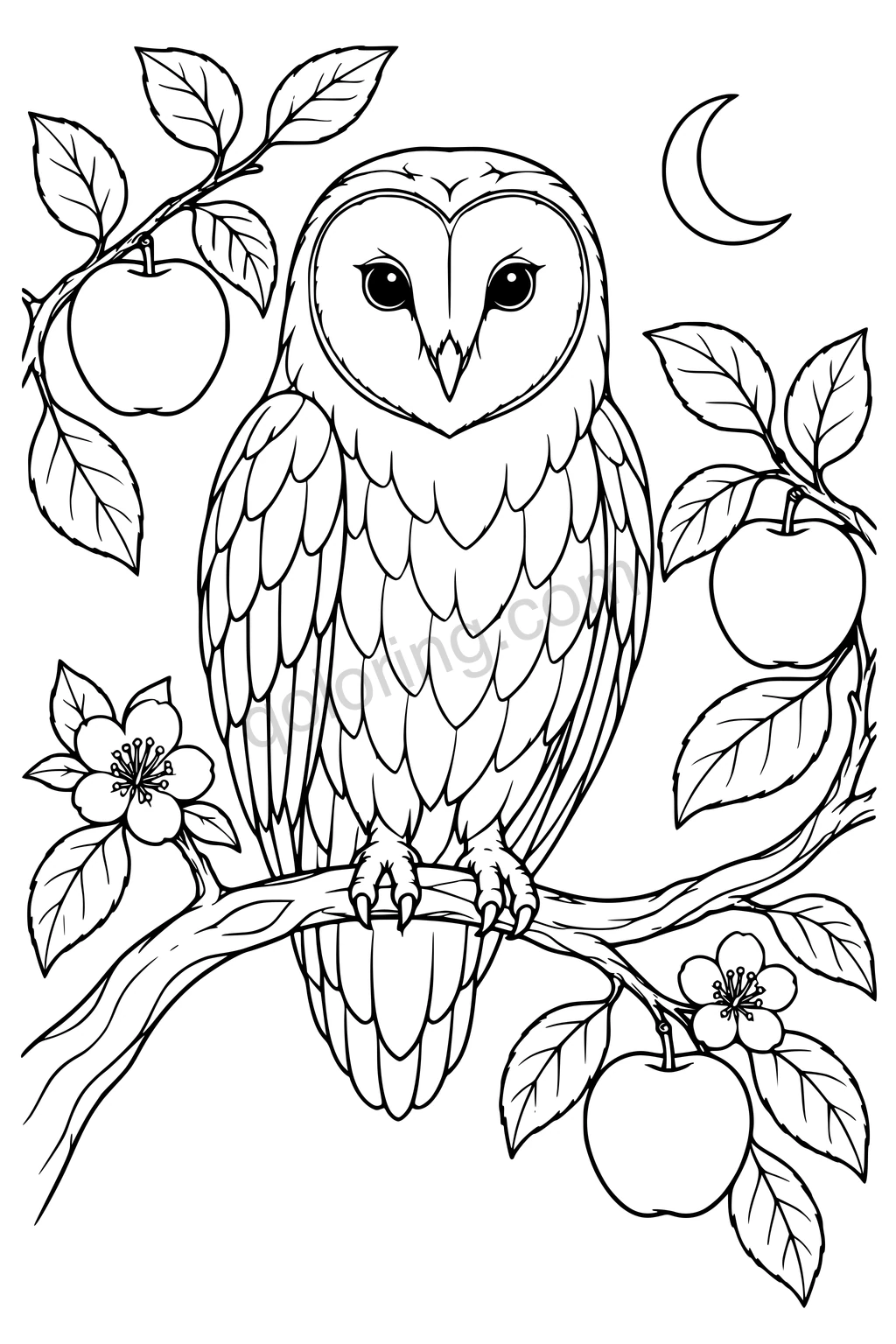 Black outline drawing of an owl perched on an apple-tree branch with apples, blossoms, leaves, and a crescent moon.