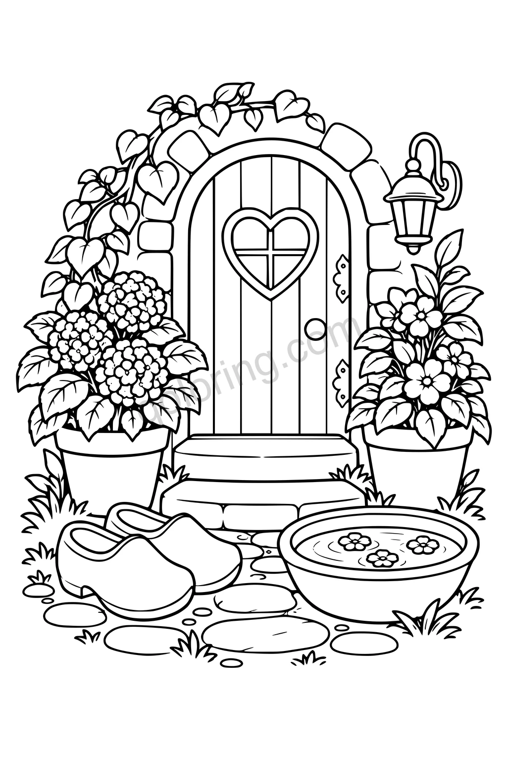 Black outline drawing of a simple garden doorstep with a pair of broad clogs, a large shallow watering bowl, two large leafy pots and a rounded door with a heart-shaped window.