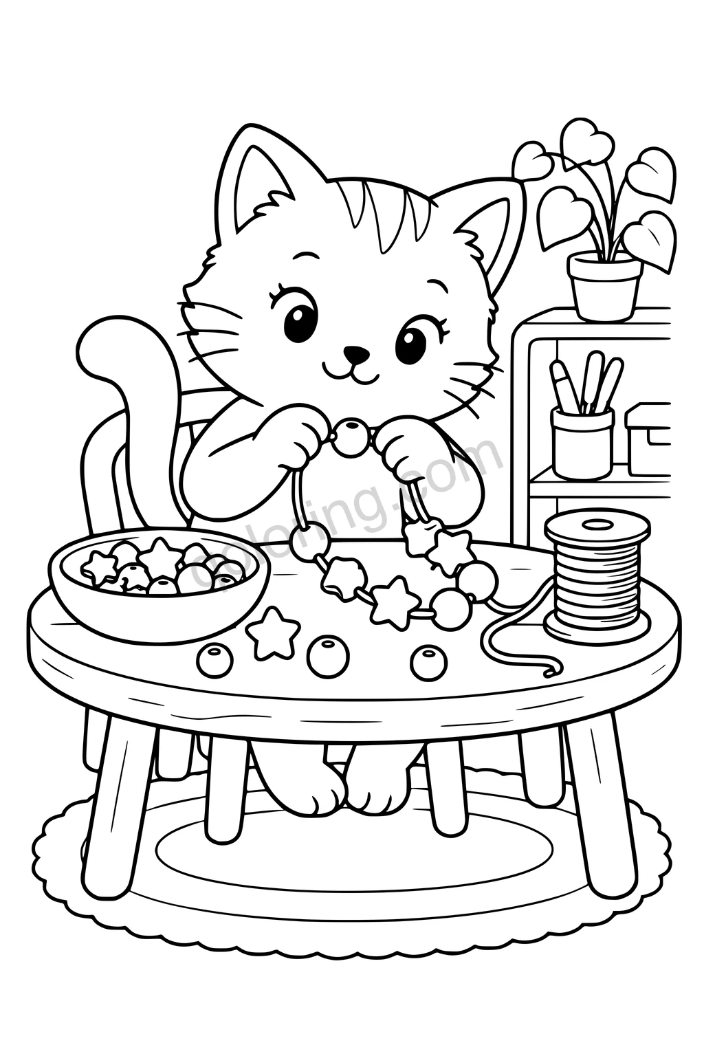Black outline drawing of a cat seated at a craft table threading large round and star-shaped beads onto a broad necklace cord, with a shallow bead bowl and a spool, keeping every bead spacious.