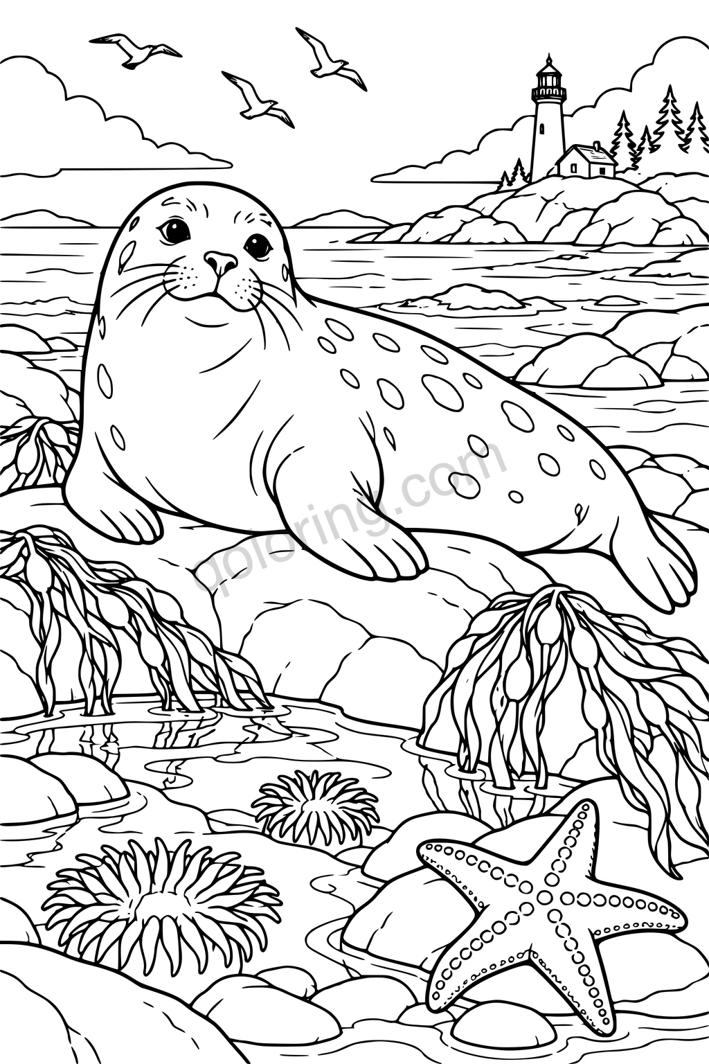 A spotted seal rests on a shore rock above a tide pool with seaweed, anemones and a starfish.