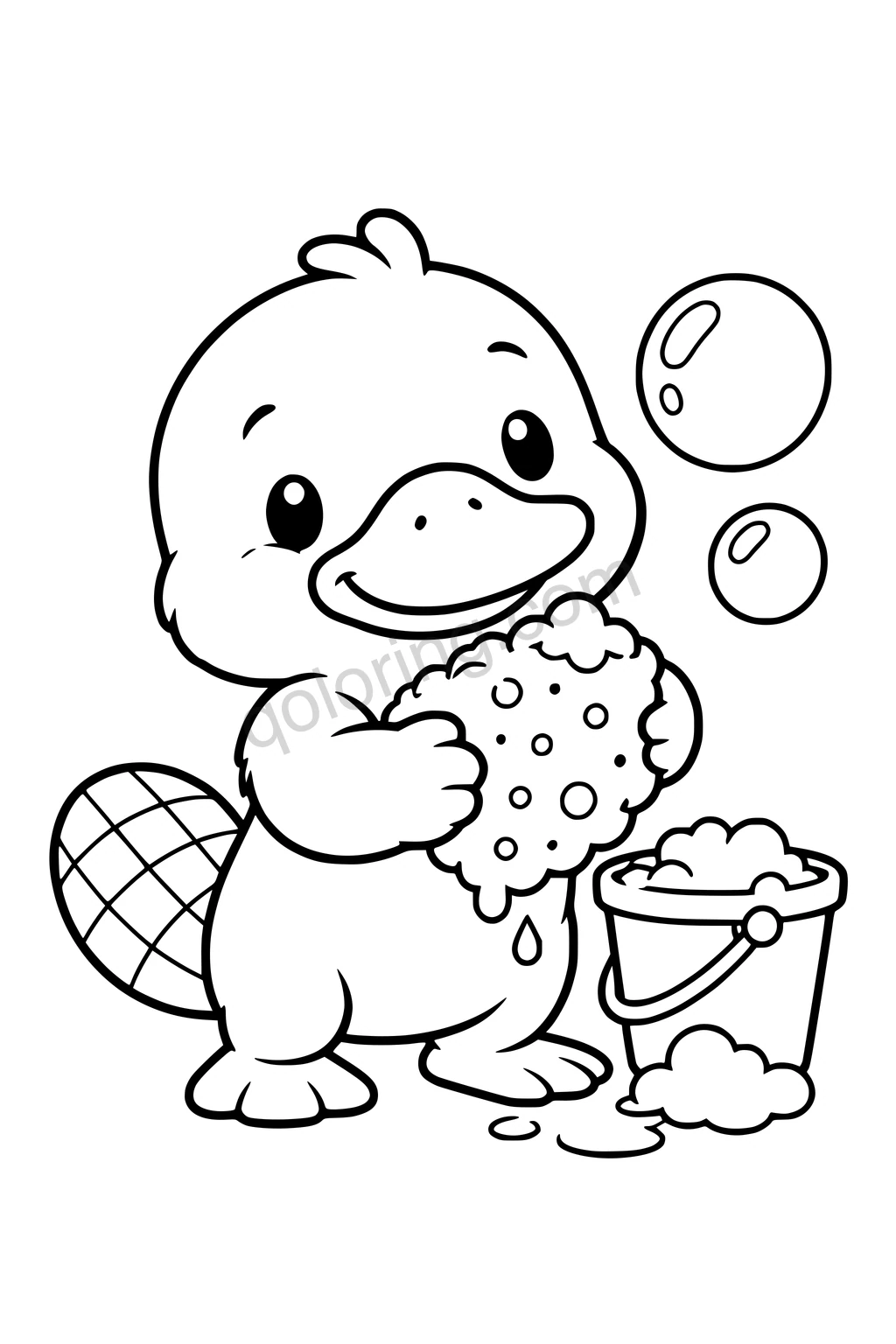 Black outline coloring page: Platypus with a Bath Sponge.