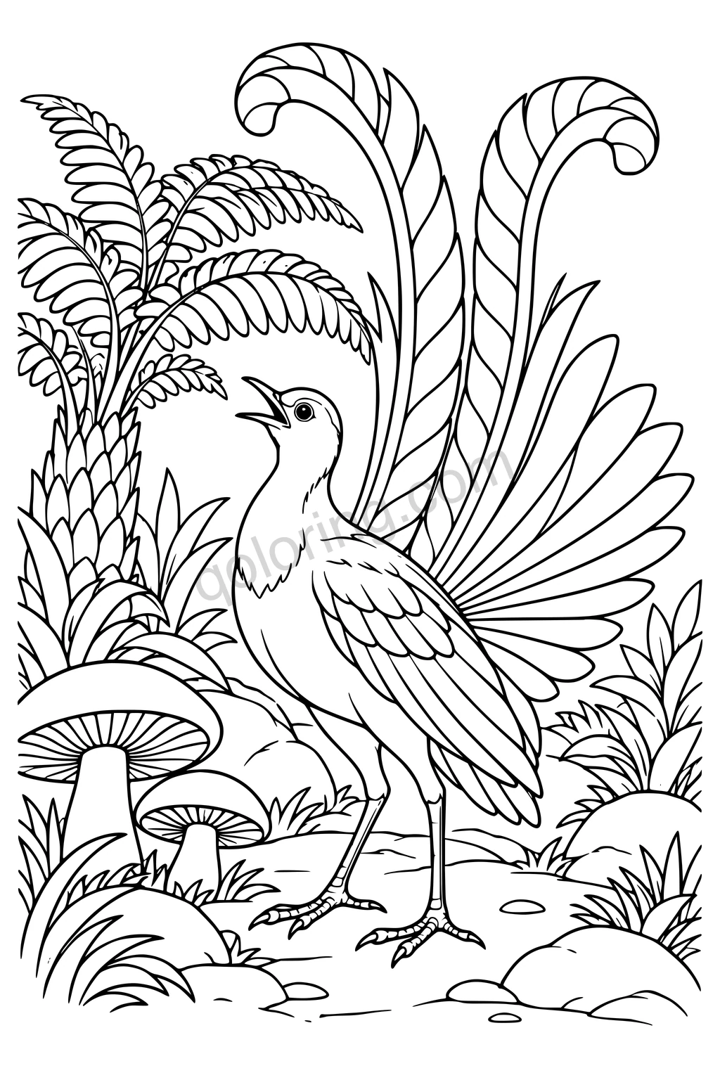 Black outline drawing of a lyrebird in a forest clearing.