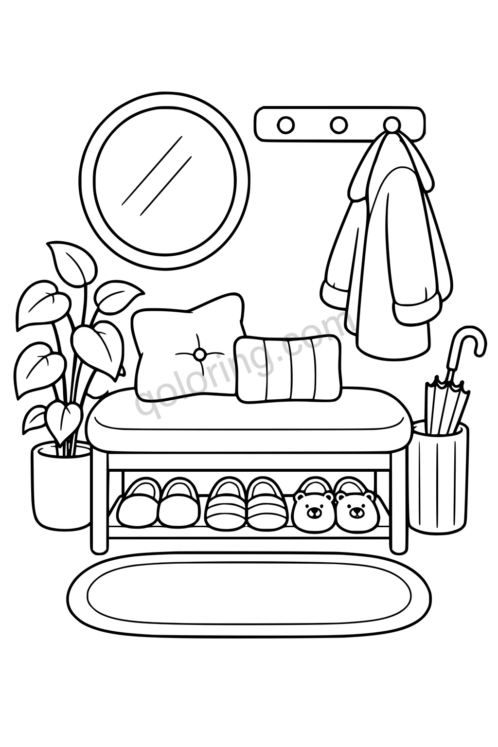 Black outline drawing of a welcoming entryway with a rounded bench, three pairs of broad slippers, a hanging coat, one umbrella in a stand and a small potted plant.
