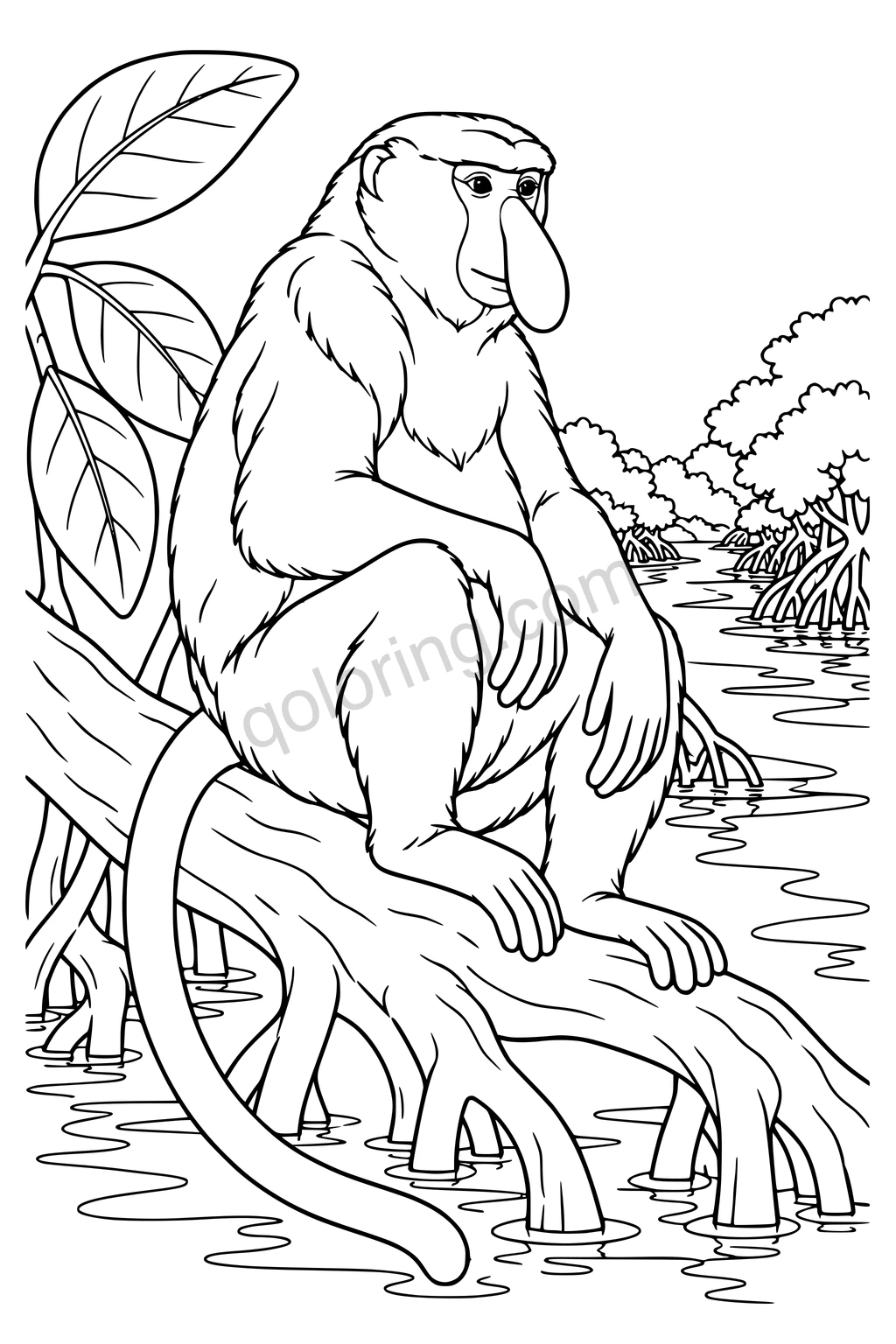 Black outline drawing of a proboscis monkey among mangrove roots.