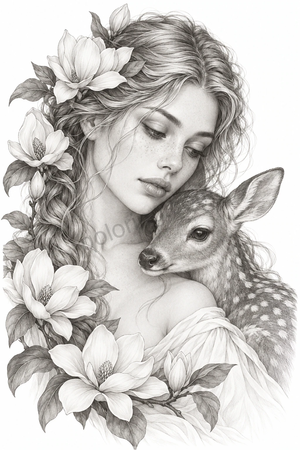 Grayscale pencil portrait of a woman beside a spotted fawn among magnolia flowers.