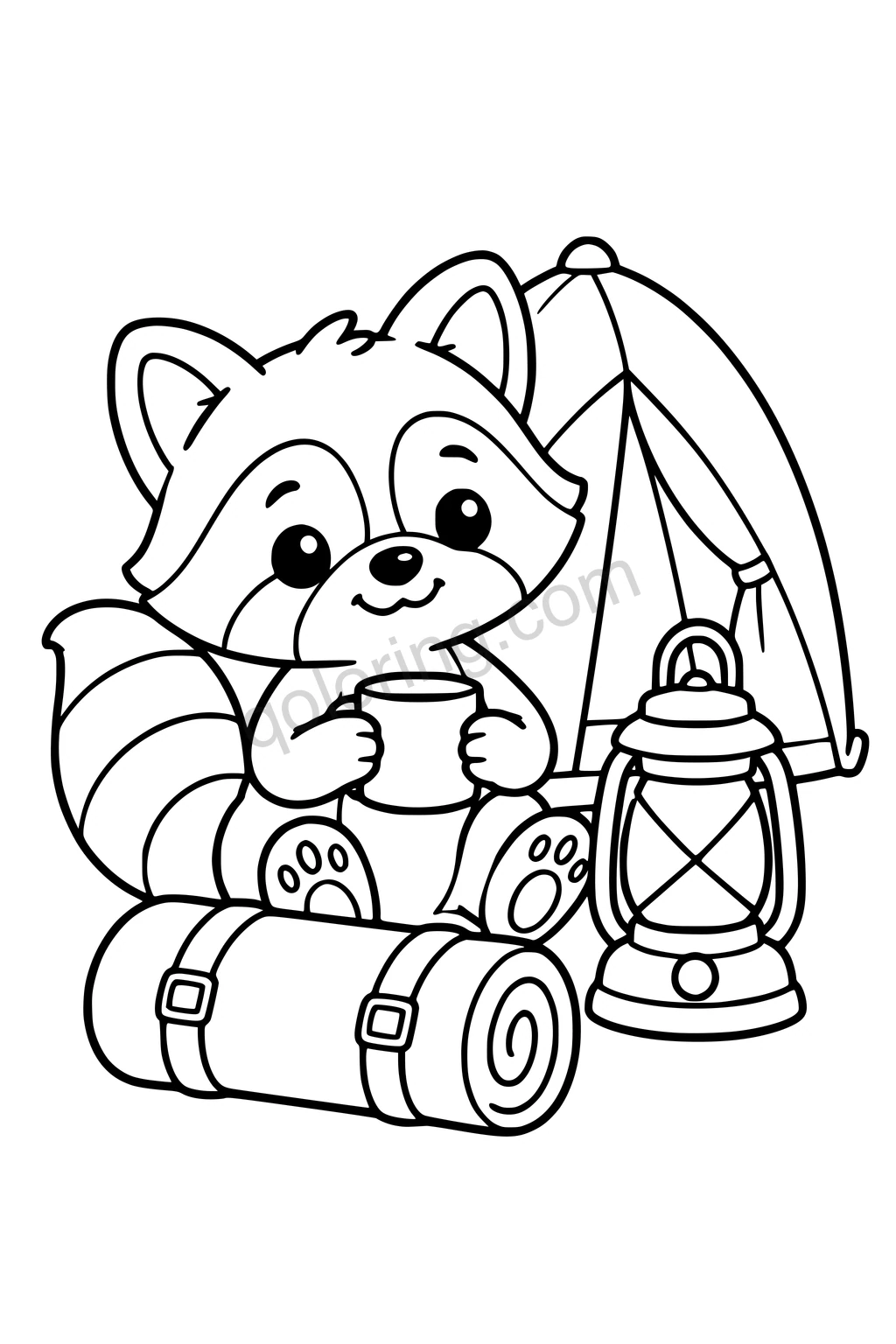 Black outline coloring page: Raccoon's Lantern Campsite.