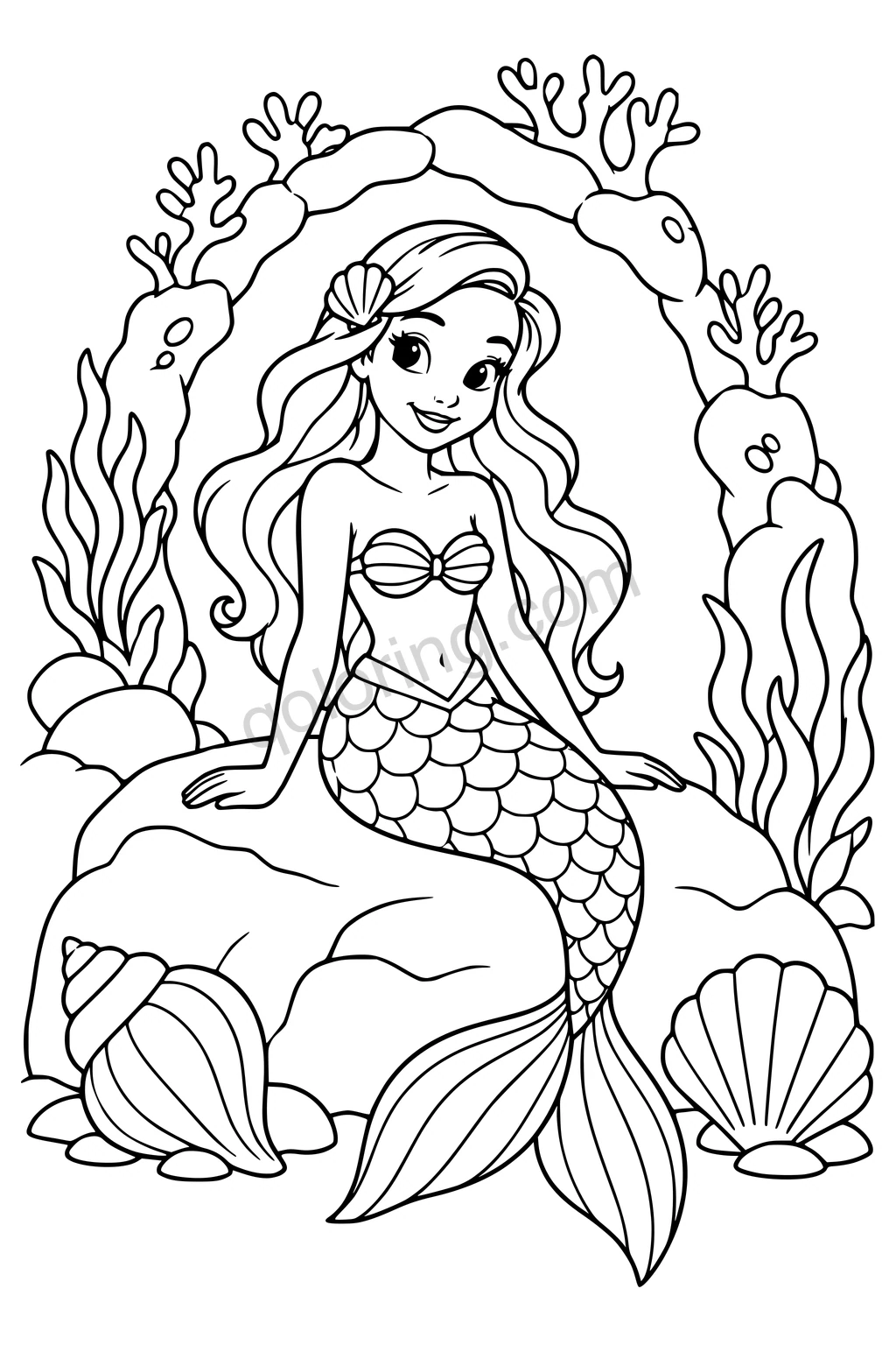 Black outline drawing of a mermaid on a rock beneath a coral arch with seaweed and two shells.