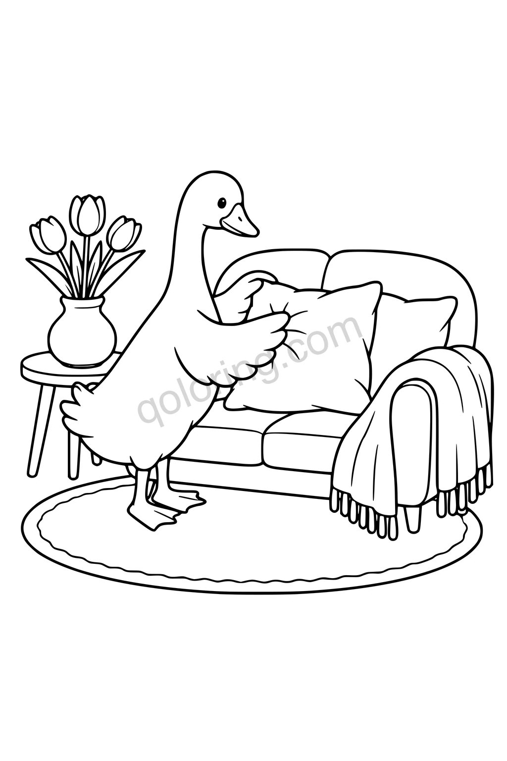 Black outline drawing of a goose standing beside a rounded two-seat sofa fluffing a large square cushion, with one broad throw blanket, an oval rug and a simple vase of tulips.