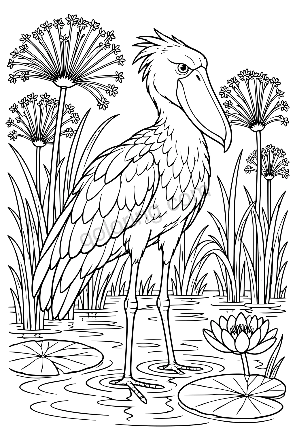 Black outline drawing of a shoebill in a papyrus marsh.