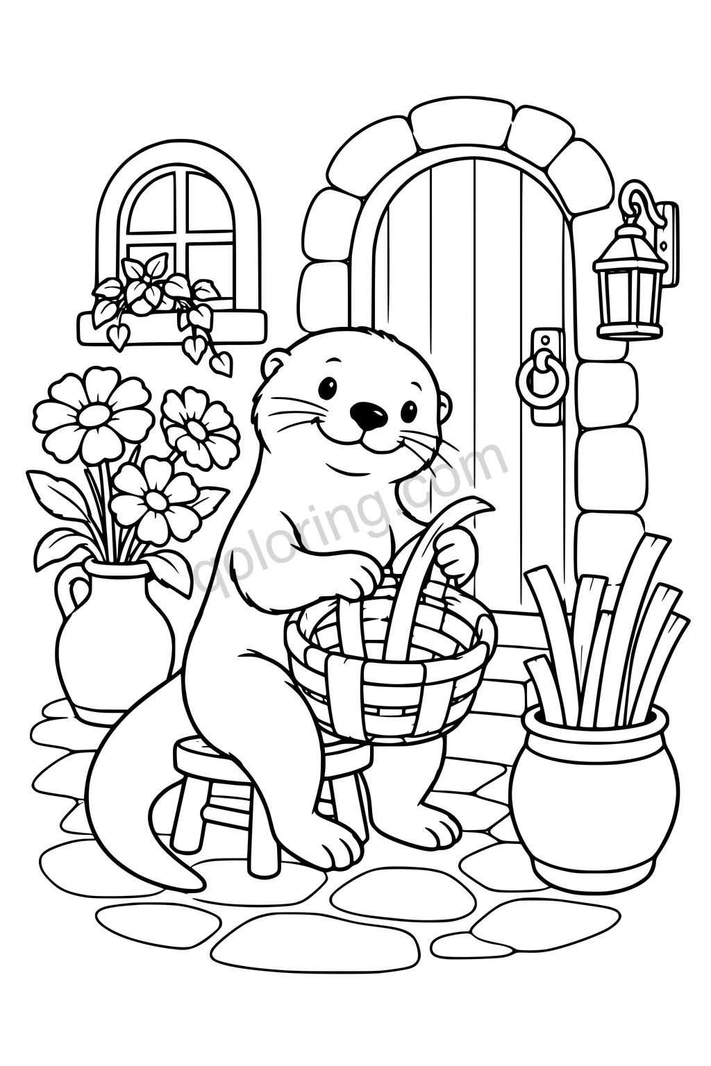 Otter weaving a basket beside a cottage doorway, flower pitcher, and pot of weaving strips.