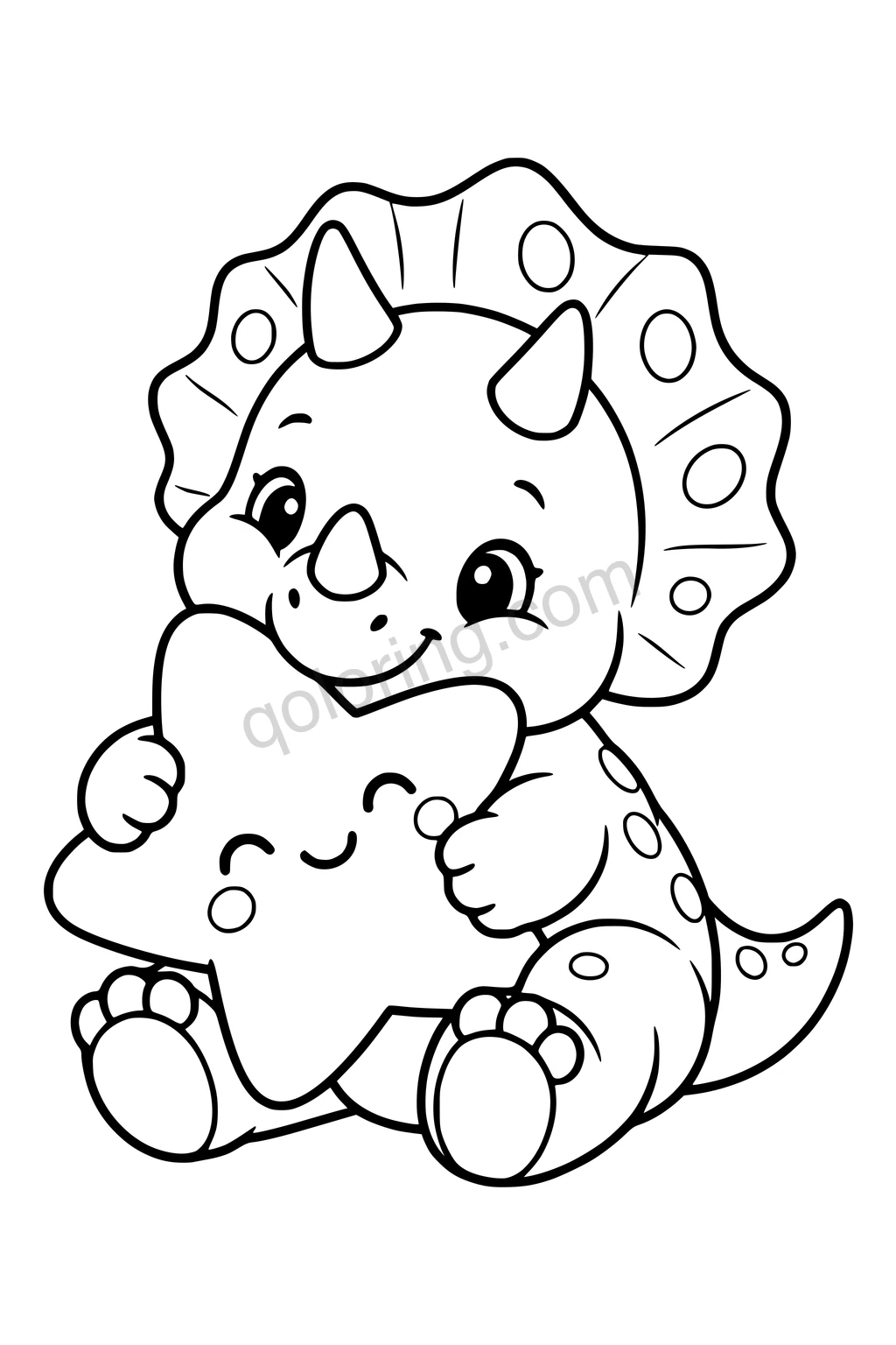 Black outline coloring page: Baby Dinosaur with a Plush Star.