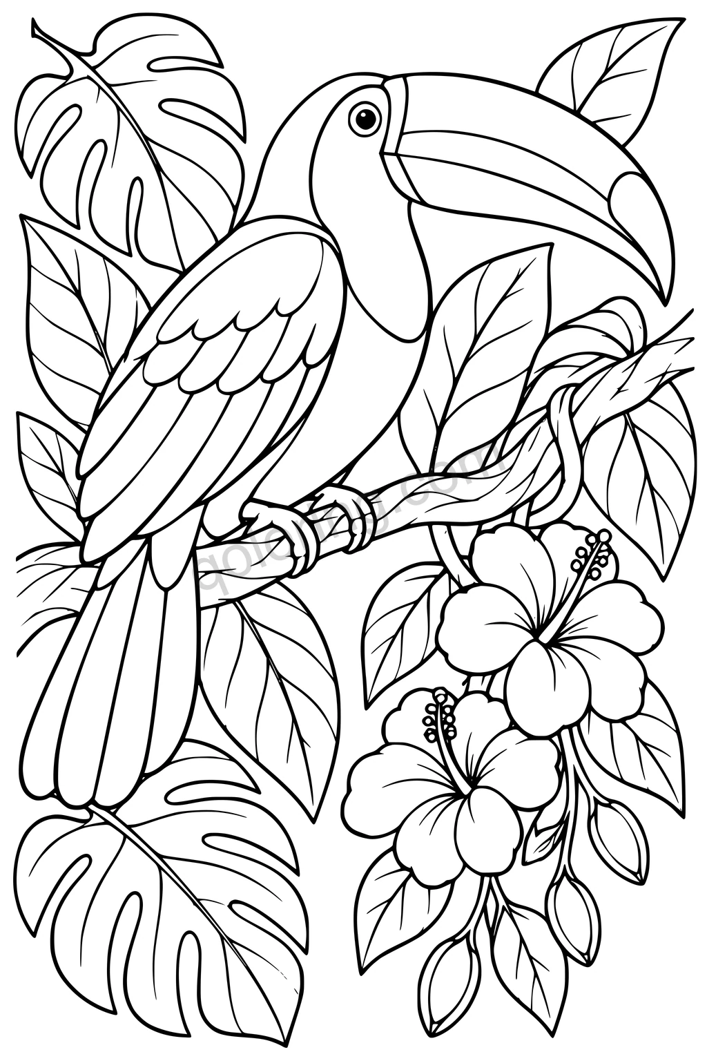 A toucan perches on a winding branch among large tropical leaves and hibiscus flowers.