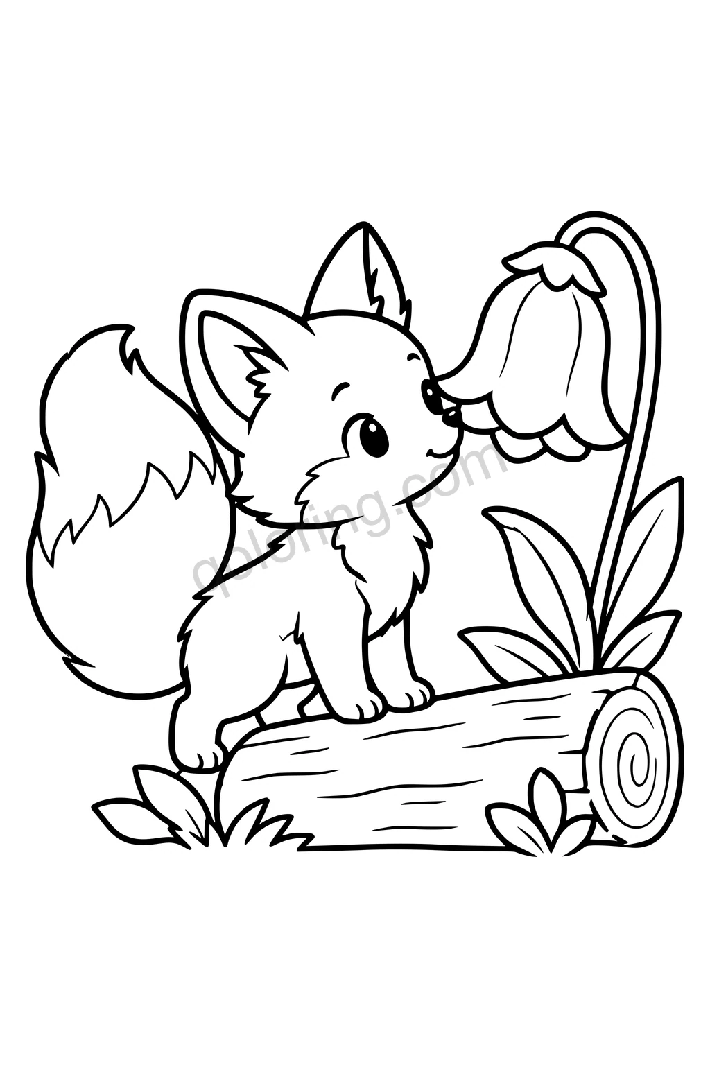 Black outline coloring page: Little Fox and the Bell Flower.