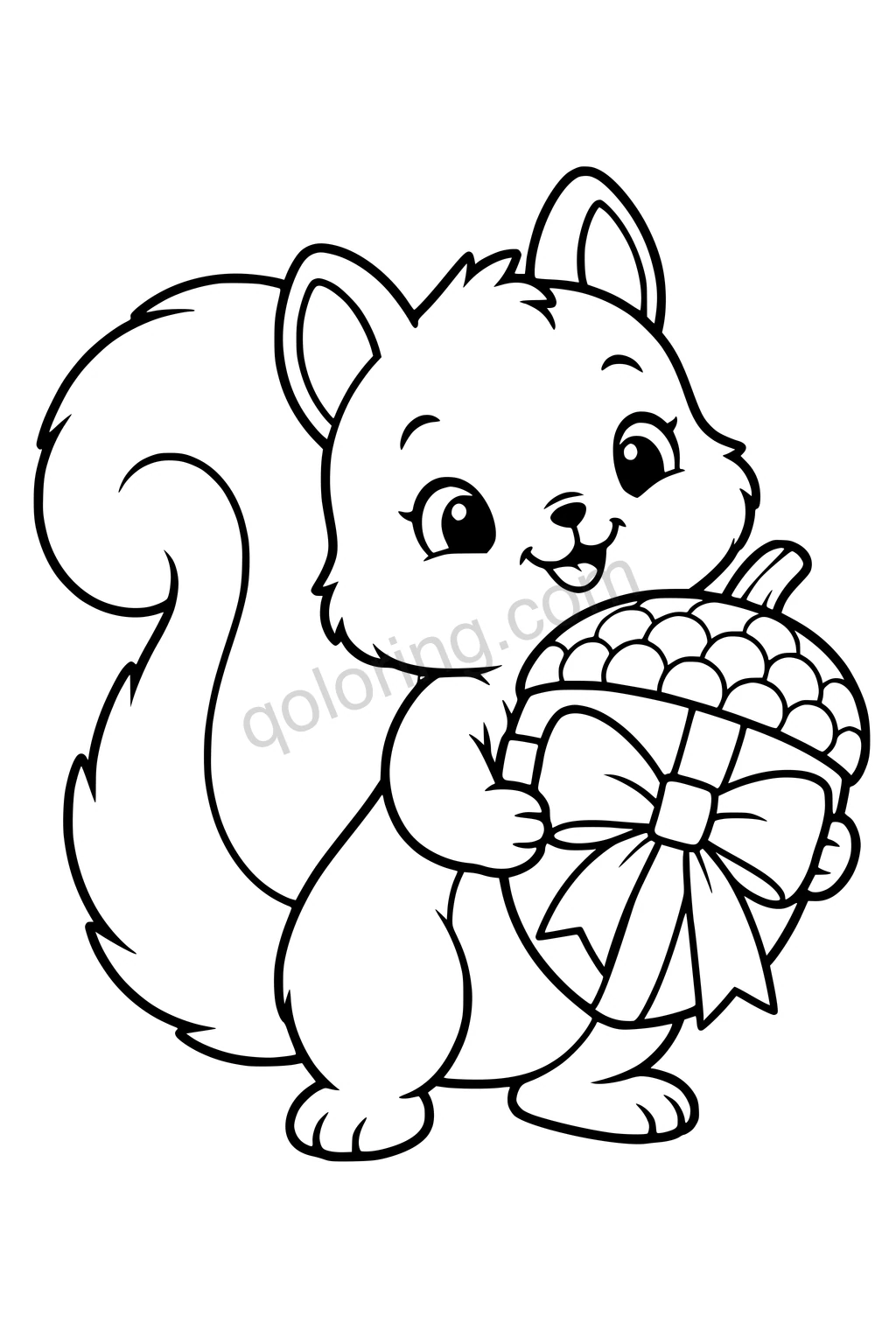 Black outline coloring page: Squirrel and the Acorn Gift.