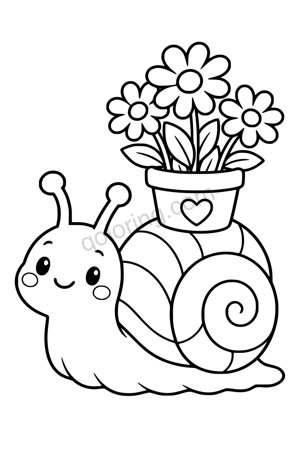 Black outline coloring page: Snail Carrying a Daisy Pot.