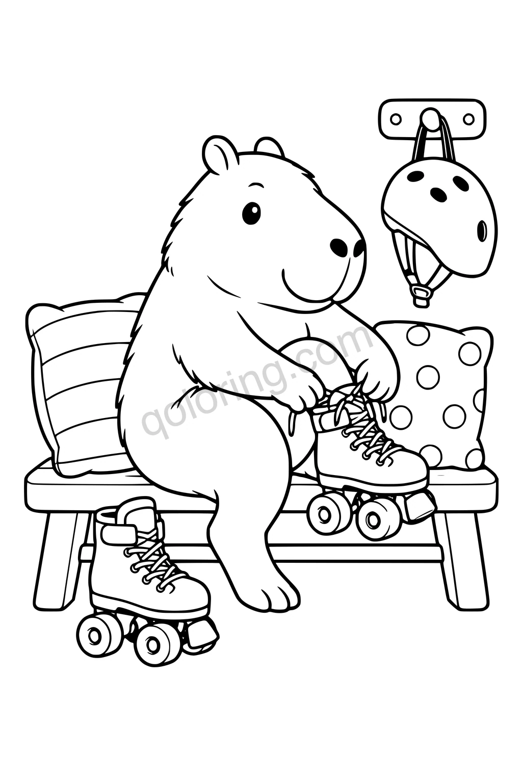 Black outline drawing of a capybara sitting on a low bench fastening one chunky roller skate while its matching skate waits nearby, with a helmet, two broad cushions and a simple wall hook.