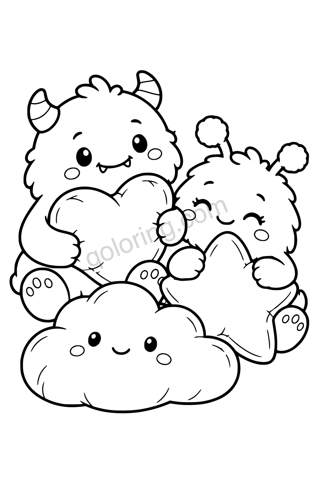Black outline coloring page: Marshmallow Monster Pillow Party.