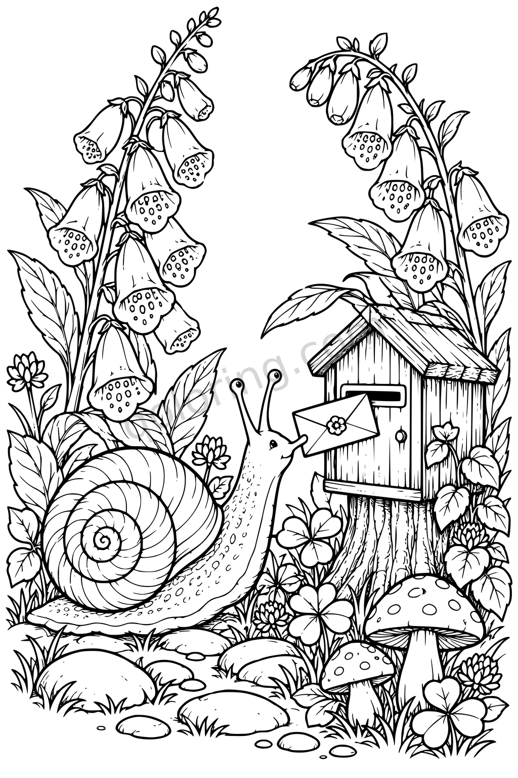 A whimsical snail holds an envelope beside a wooden postbox surrounded by foxgloves, mushrooms and leaves.
