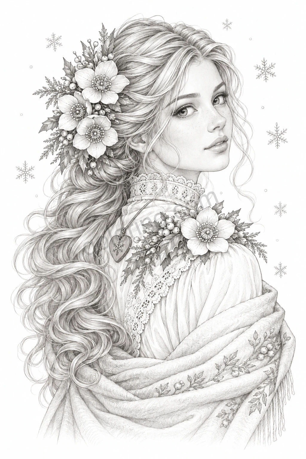 A woman with flowing hair, a warm shawl and floral ornaments turns among winter roses and snowflakes.