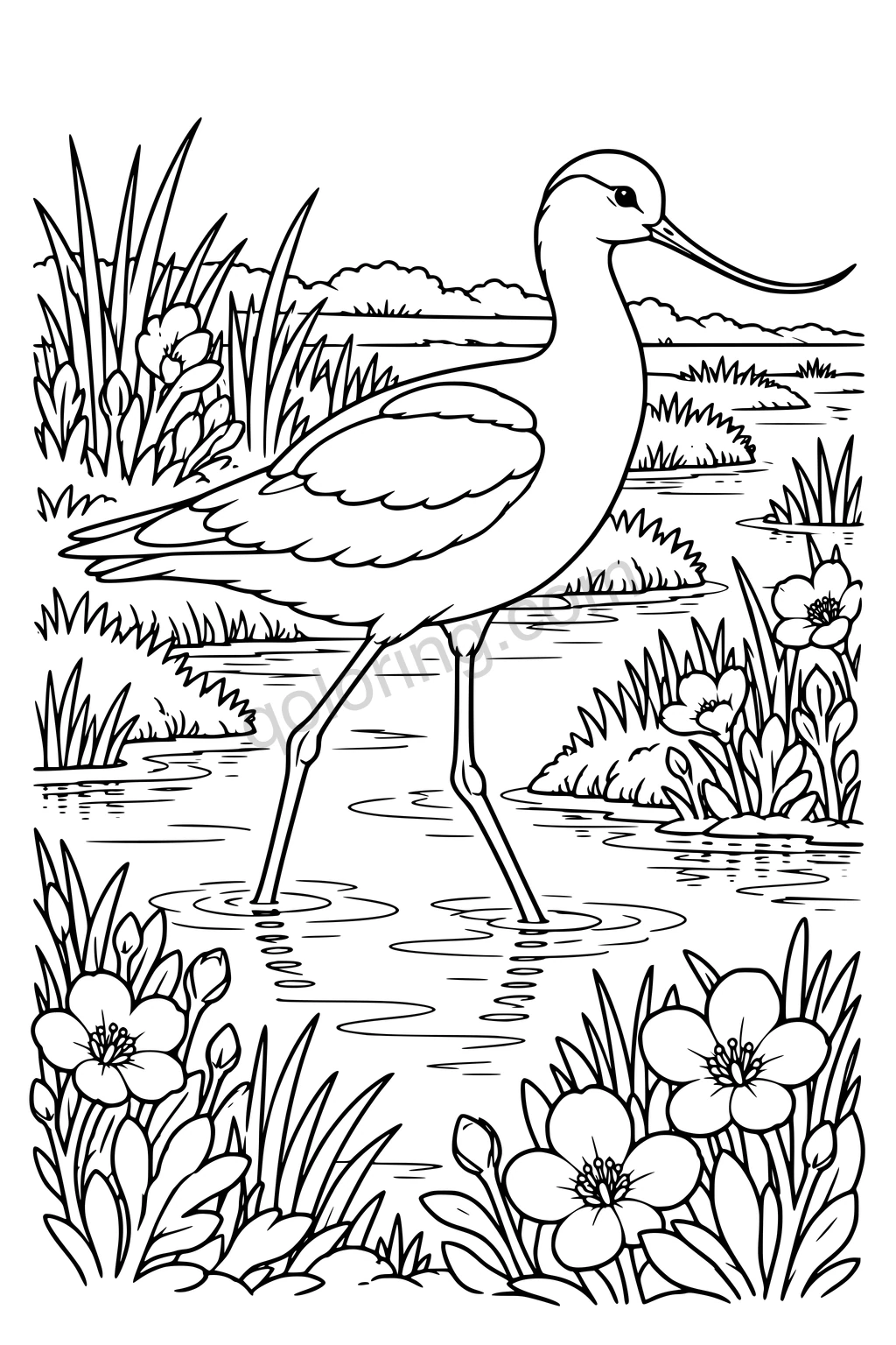 Black outline drawing of an avocet in a quiet salt marsh.