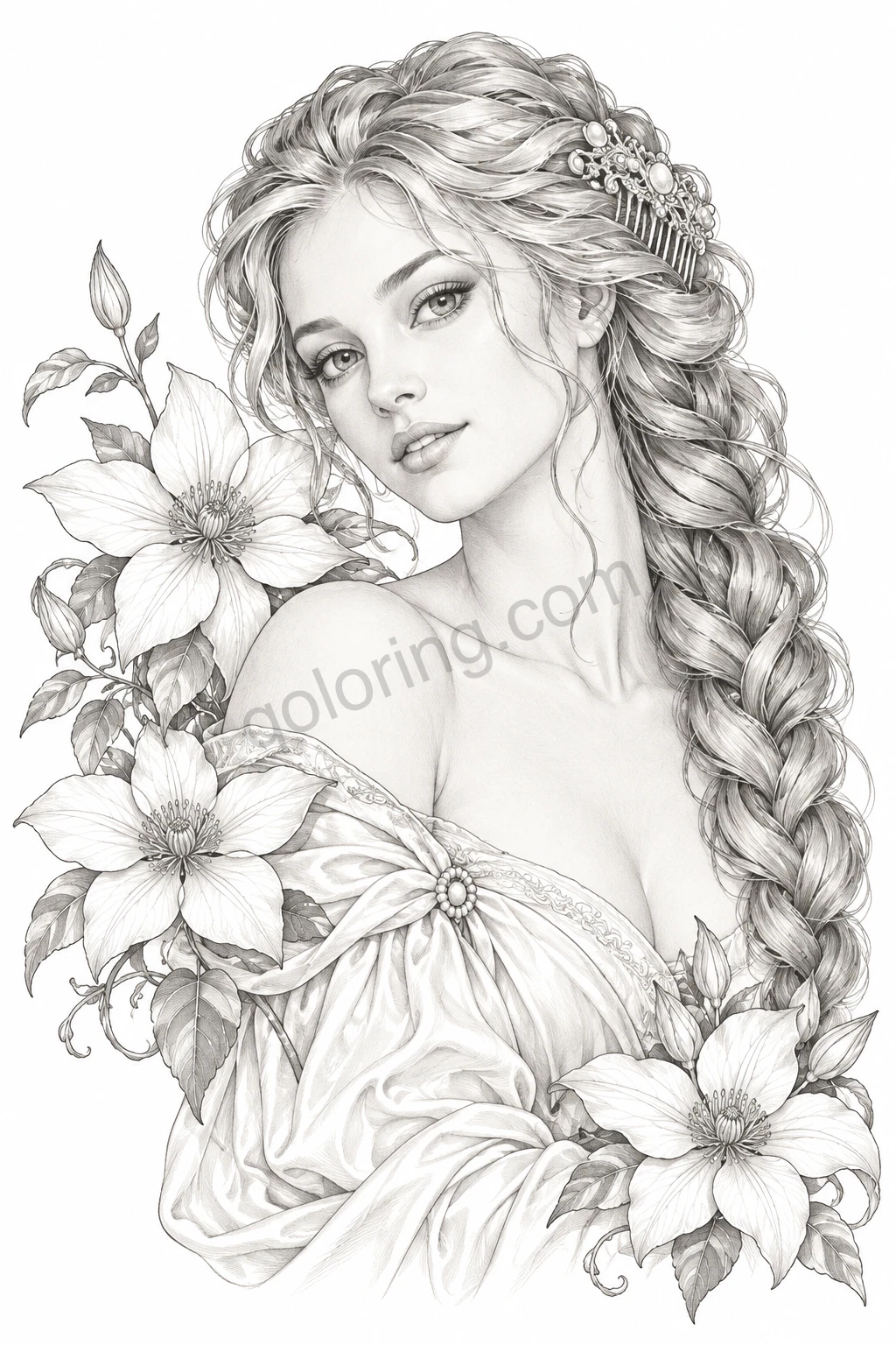 A woman with an elaborate braided hairstyle and silk sleeves is framed by clematis flowers.