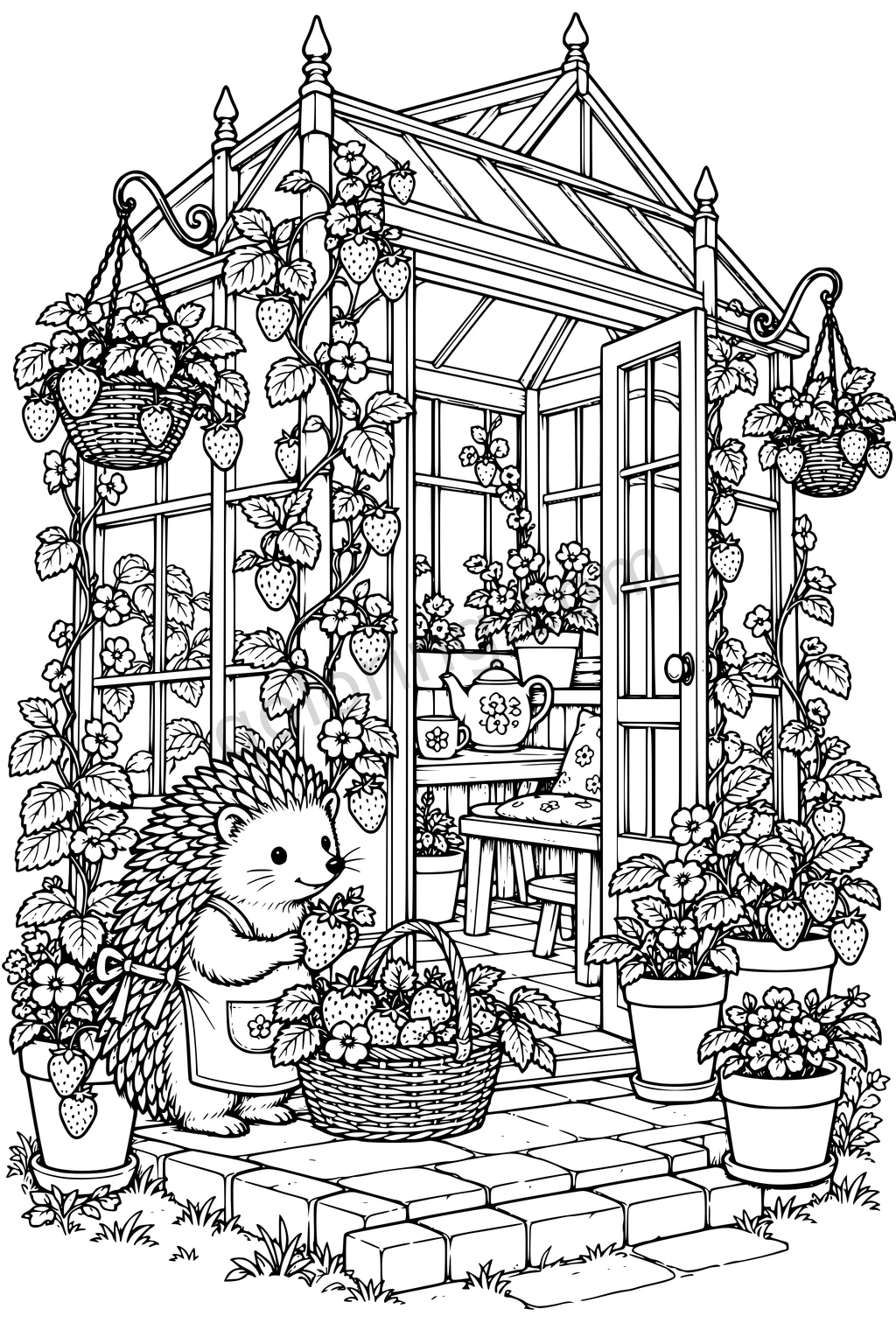 An apron-wearing hedgehog holds a strawberry outside an ornate greenhouse surrounded by baskets, pots and strawberry plants.
