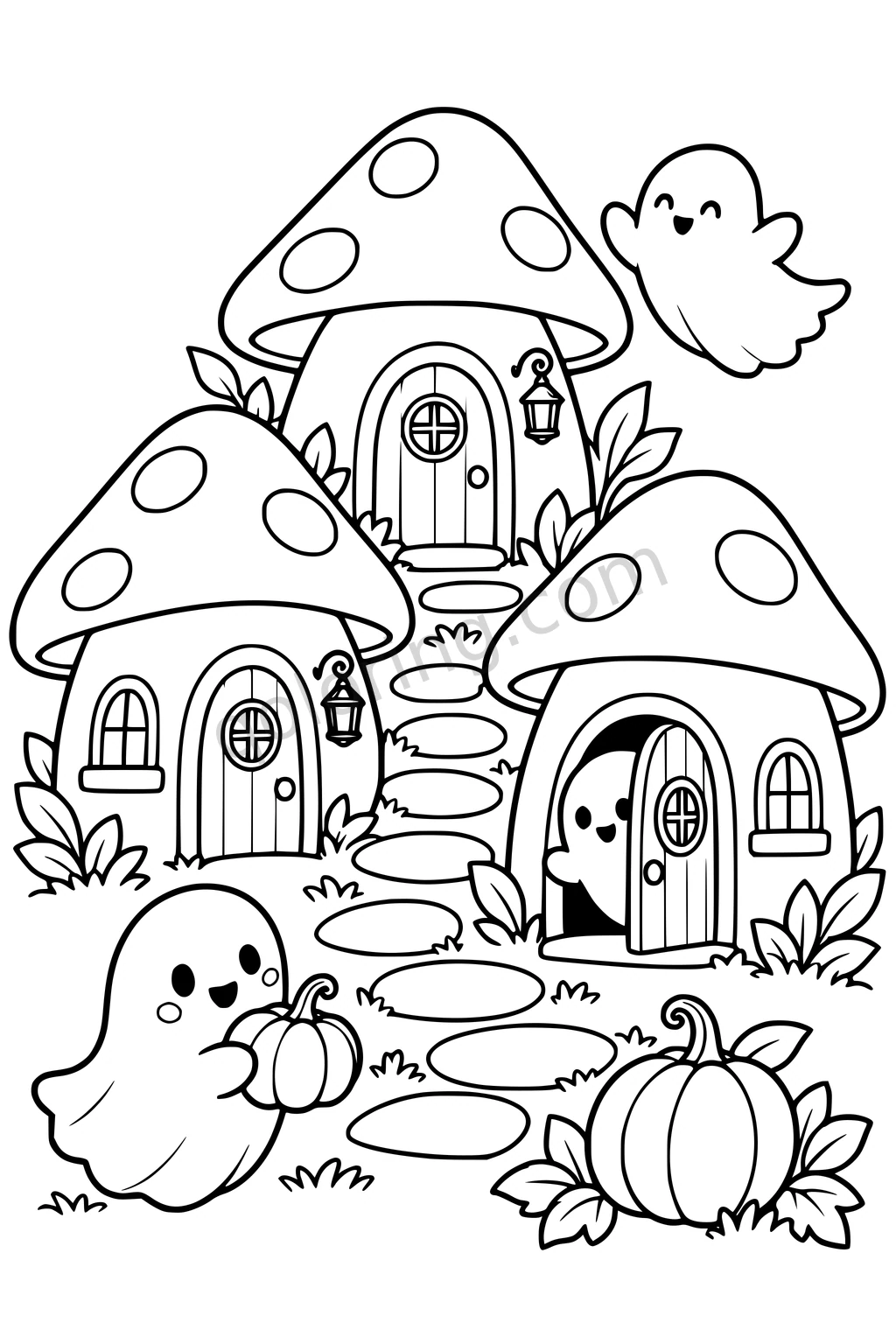 Three friendly ghosts visit mushroom houses with rounded doors, pumpkins and a winding stone path.