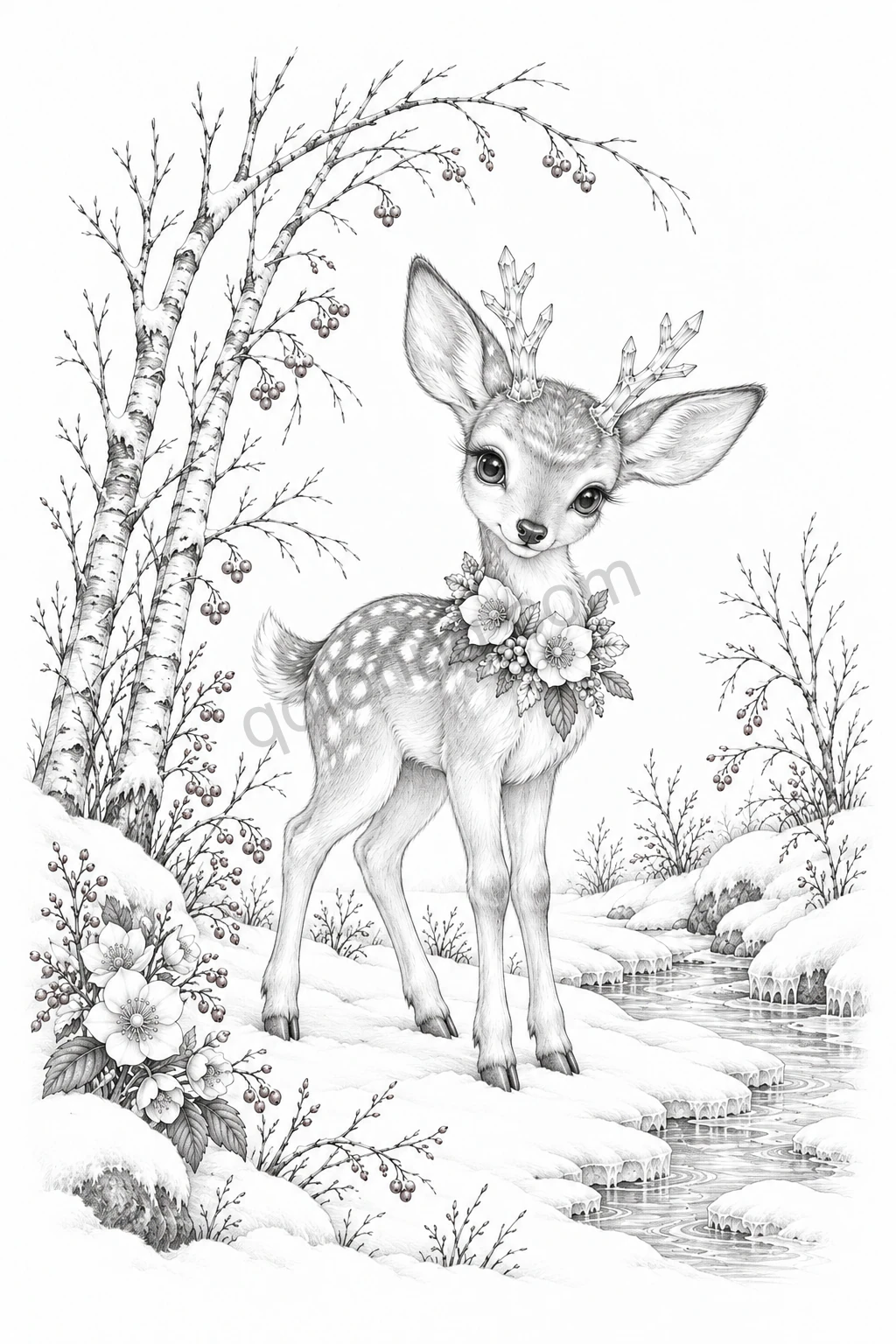 A young fawn with crystal-like antlers and a floral collar stands beside a winter stream and birch branches.