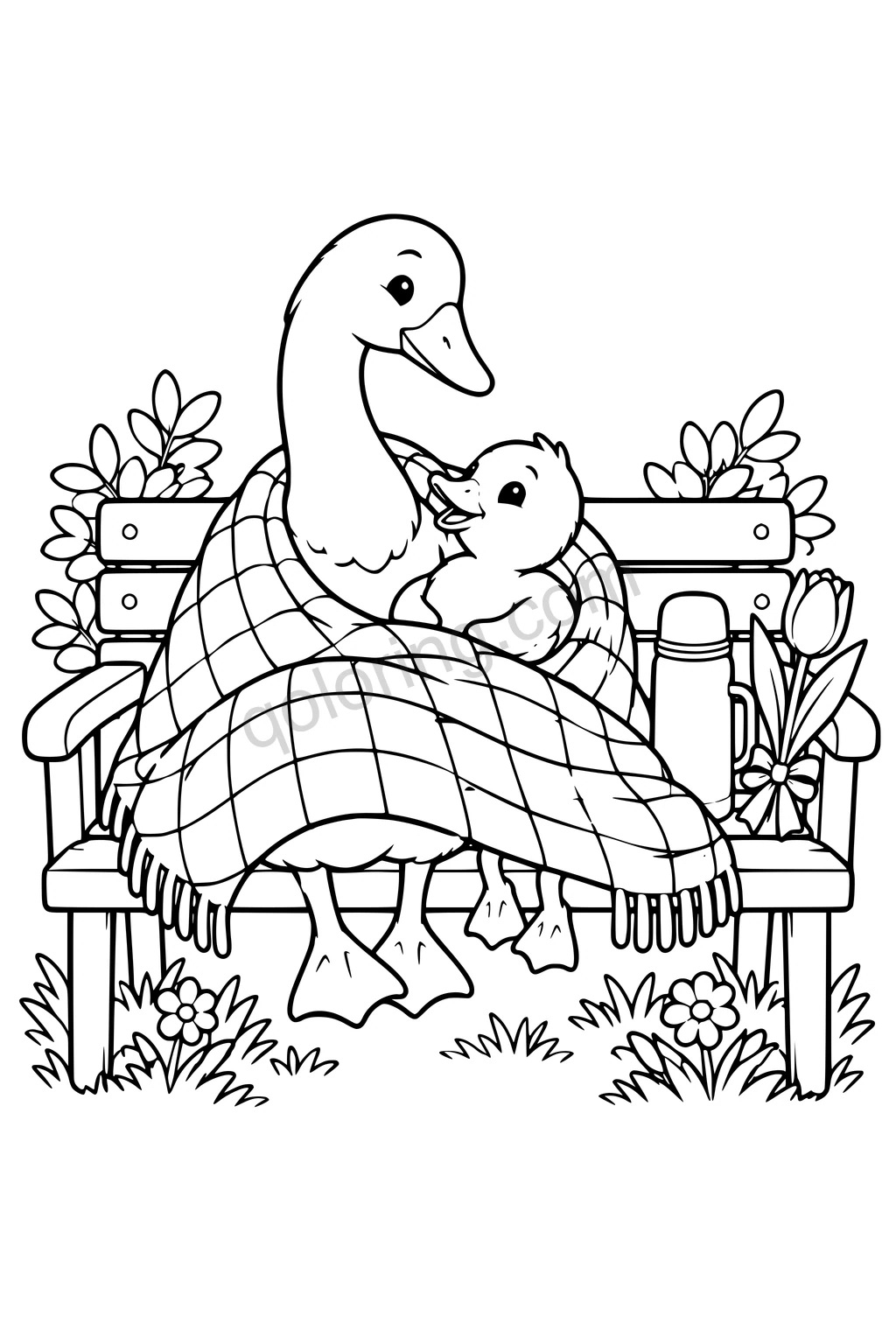 Black outline drawing of a goose and a small duckling sitting together under one broad blanket on a garden bench, with a simple thermos and a pair of tulips beside them.