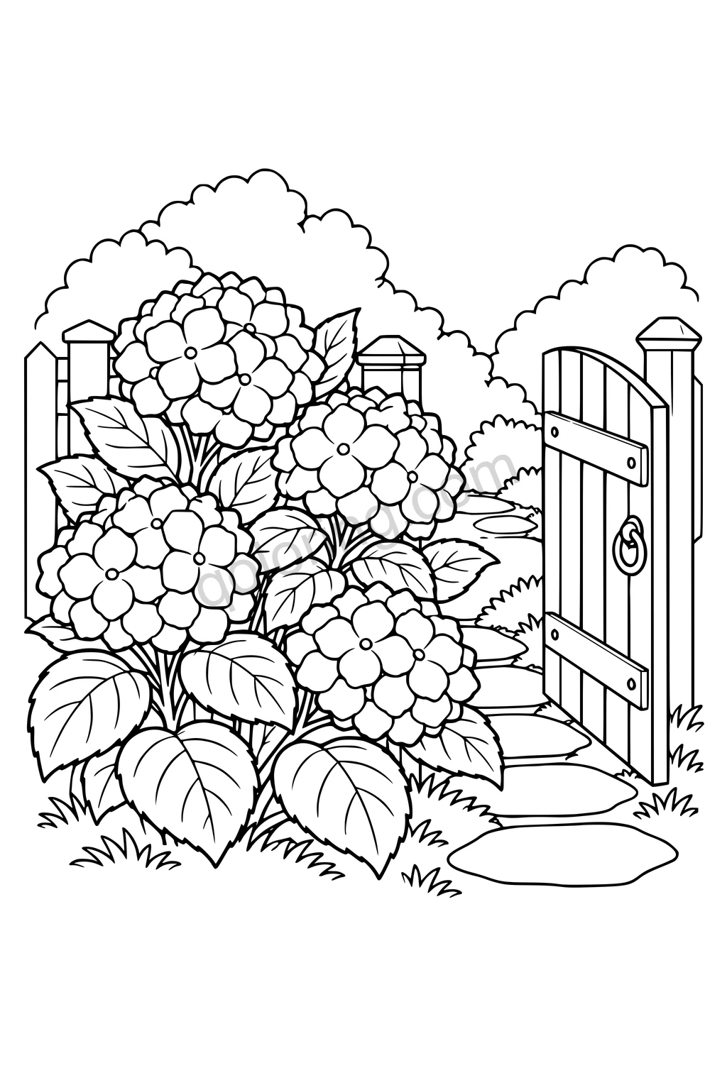 Black outline drawing of hydrangea flowers beside an open garden gate and stone path.
