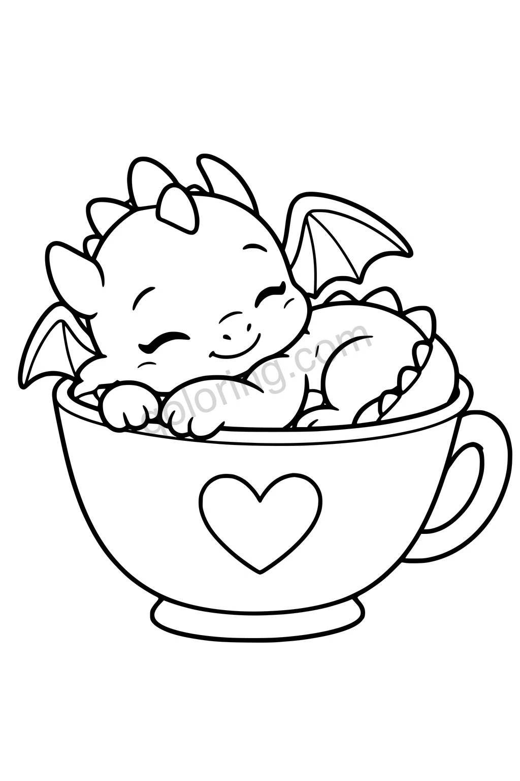 Black outline coloring page: Teacup Dragon Taking a Nap.
