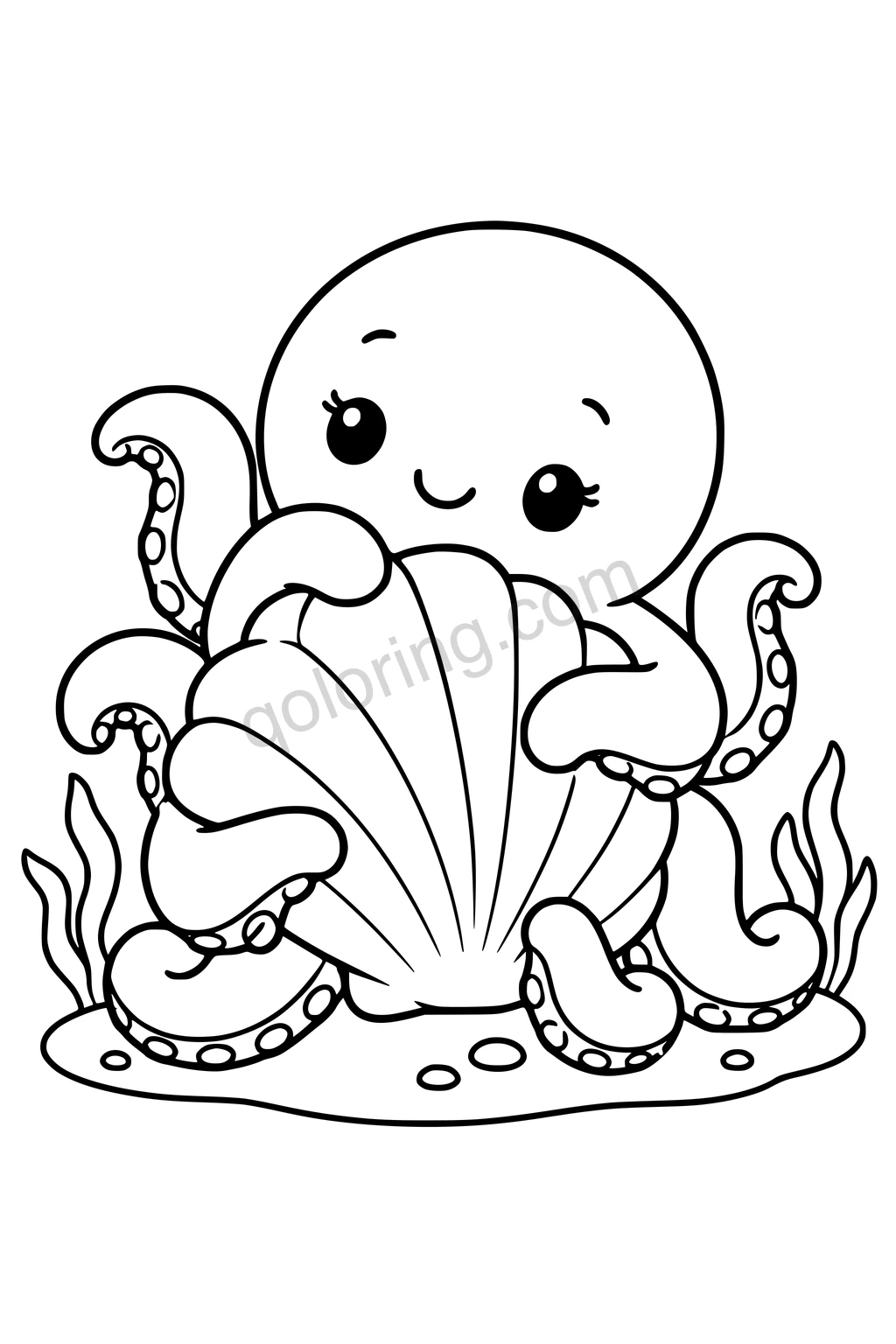 Black outline coloring page: Octopus Hugging a Shell Pillow.