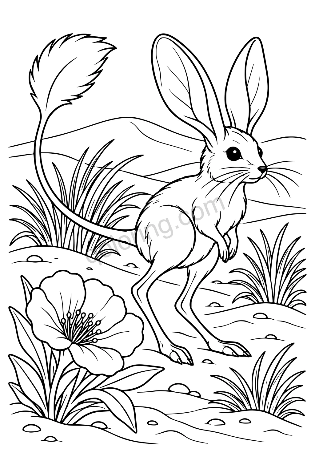 Black outline drawing of a jerboa among dune grasses.